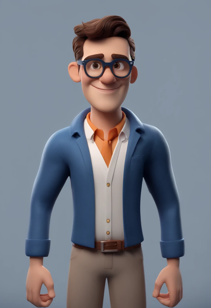 Cartoon character of a man wearing black glasses and a blue shirt, um personagem animado, Caractere estilizado, animation style rendering, 3D estilizado, Arnold Maya render, 3 d render stylized, toon render keyshot, Personagem 3D, Personagem 3D, 3d rendering stylized, 3 d character render, personagem de desenho animado, Personagem de close up, Pose de personagem, (Estilo Pixar) (master part:1.2) (Bokeh) (best quality) (pele detalhada) (textura detalhada) (8k) (argila) (Cinematic lighting) (foco nítido,Senta e vaza a parte superior do corpo