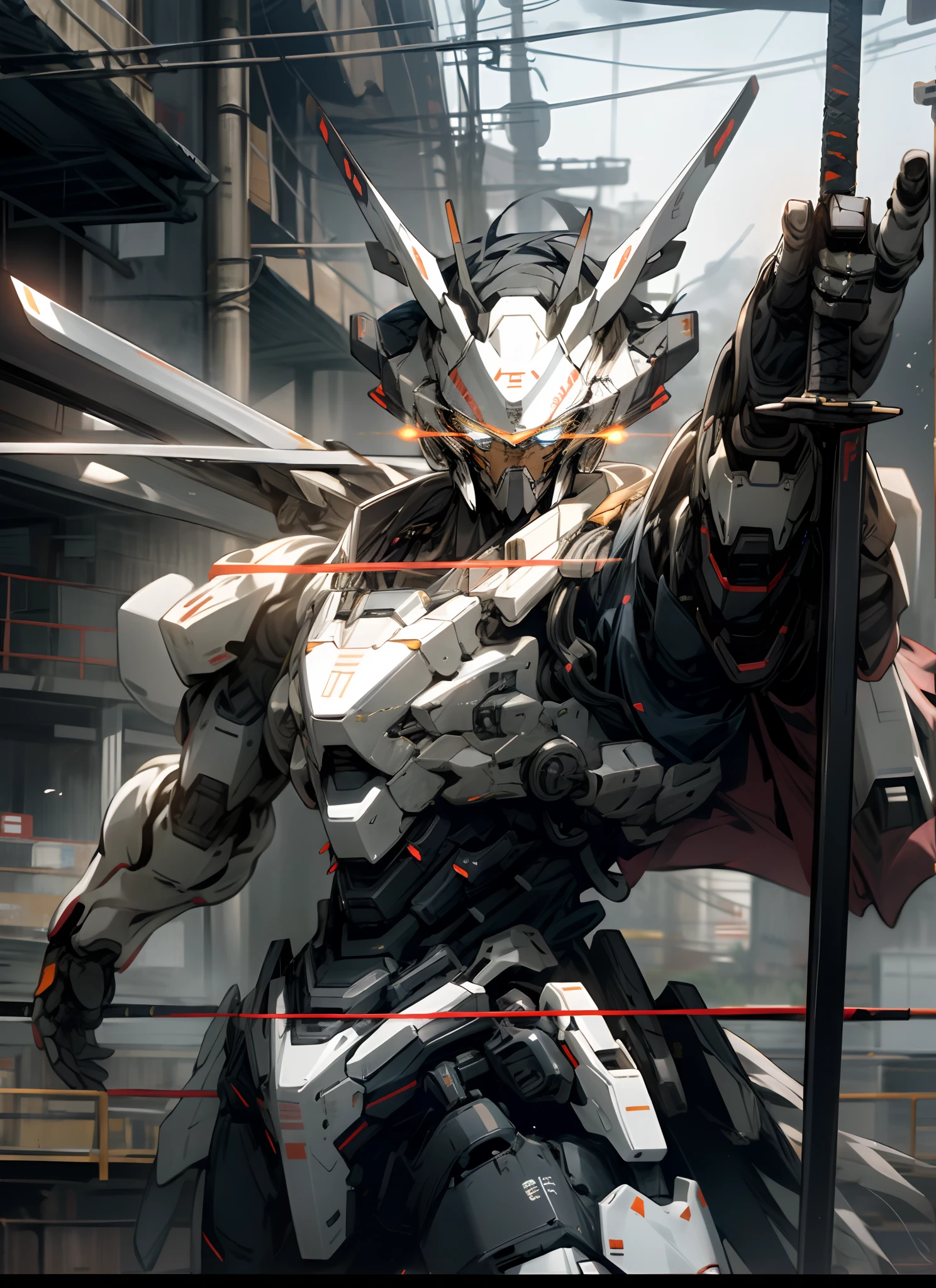 heaven, nuvem, holding_weapon, no_humans, brilhante, Roboto, bilding, glowing_eyes, mecha samurai, fiction_scientist, cidade, realista, mecha