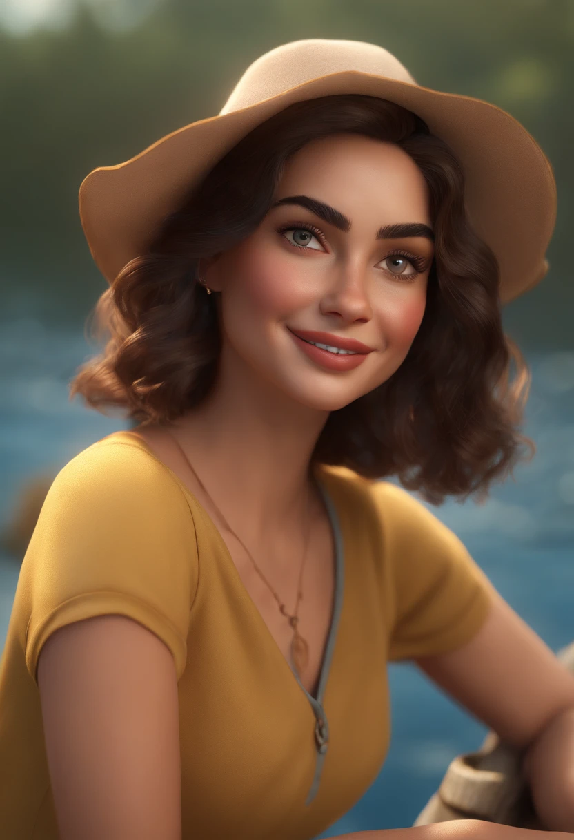 (best quality,4k,8k,highres,masterpiece:1.2),ultra-detailed,(realistic,photorealistic,photo-realistic:1.37),illustration,Pixar-style,3D renderin, womand with short dark hair,Disney Makeup,cute,smiling,close-up,cinematic lighting,fisherman