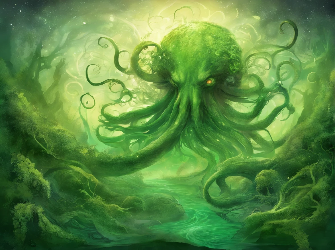 An enigmatic and surreal green backdrop with tentacles curling and twisting, evoking the cosmic horror of H.P. Lovecraft, Illustration, mixed media with ink and digital elements