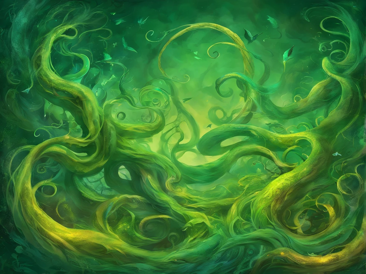 An enigmatic and surreal green backdrop with tentacles curling and twisting, evoking the cosmic horror of H.P. Lovecraft, Illustration, mixed media with ink and digital elements