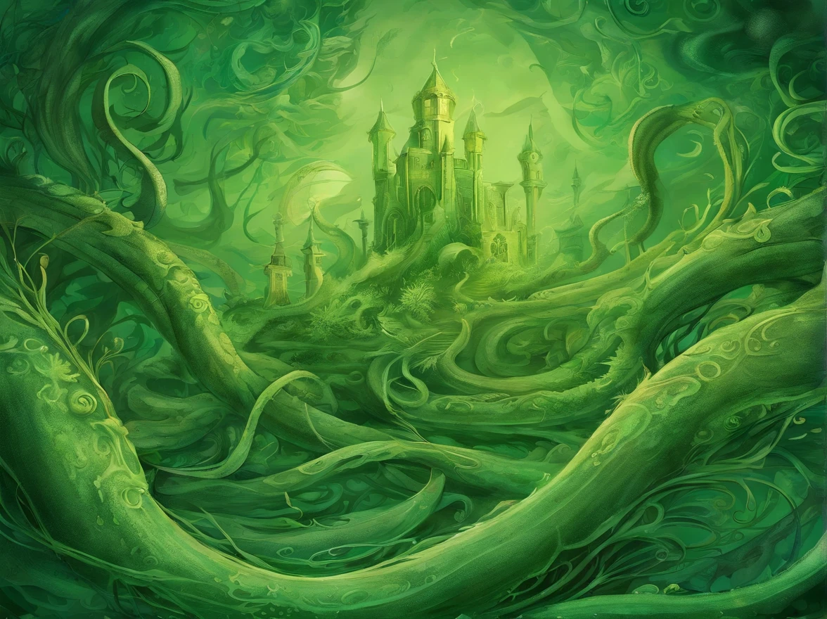 An enigmatic and surreal green backdrop with tentacles curling and twisting, evoking the cosmic horror of H.P. Lovecraft, Illustration, mixed media with ink and digital elements
