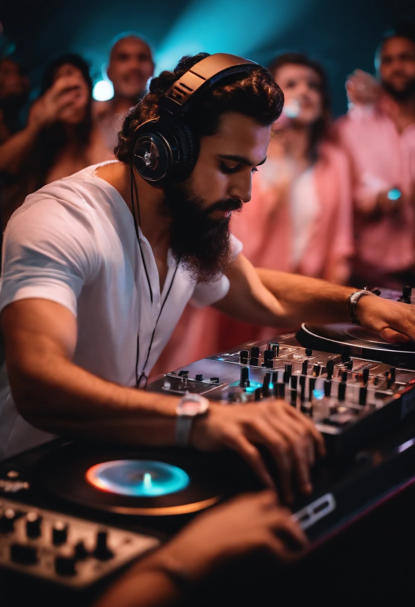 Um rapaz branco alto dj tocando na balada