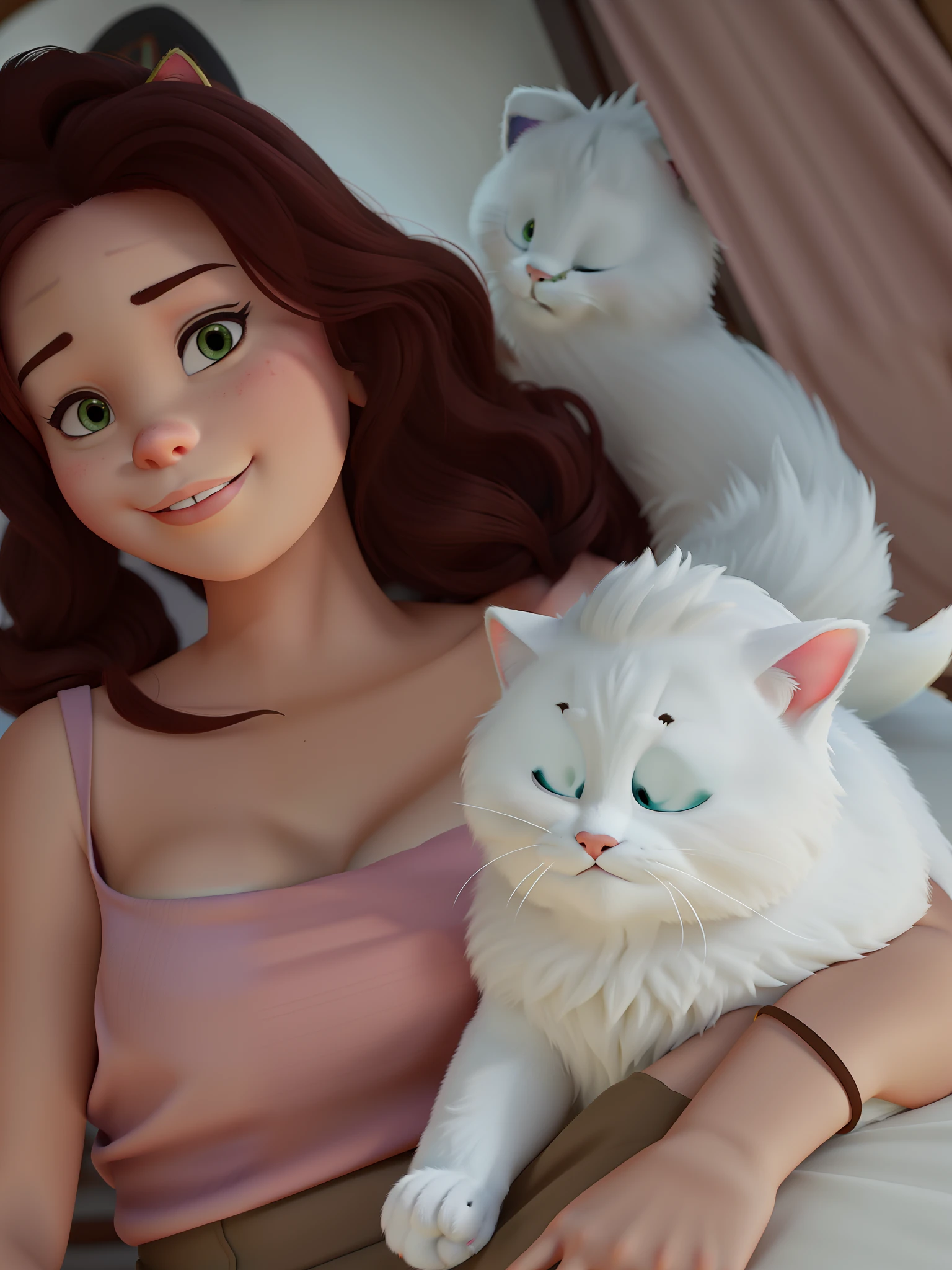 Mulher ruiva com seu gato branco no estilo Disney Pixar, alta qualidade, melhor qualidade.