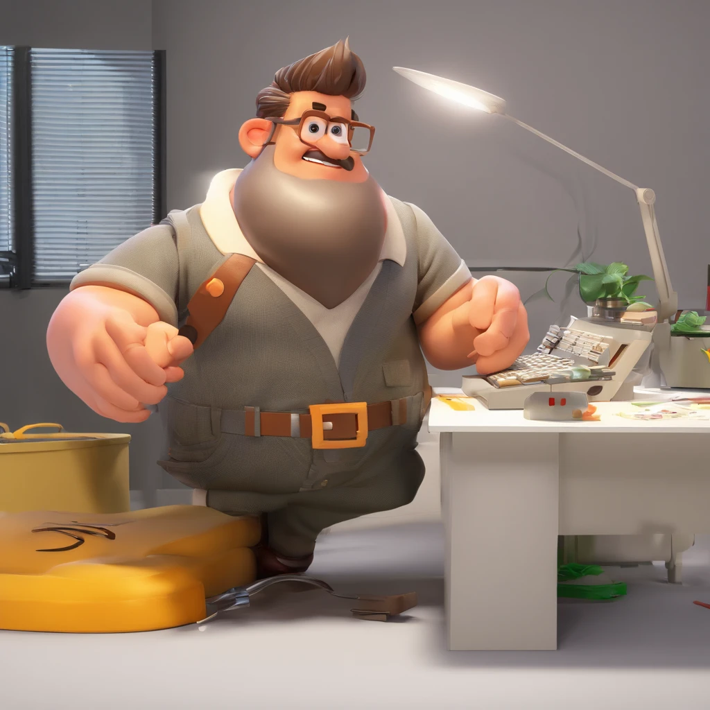 Criar um personagem no estilo Pixar. Trata-se de um homem de 30 anos, com barba, Branco, com cabelos castanhos curtos e um quiff, e olhos castanhos. Ele deve estar na frente de um computador, Trabalhar como designer