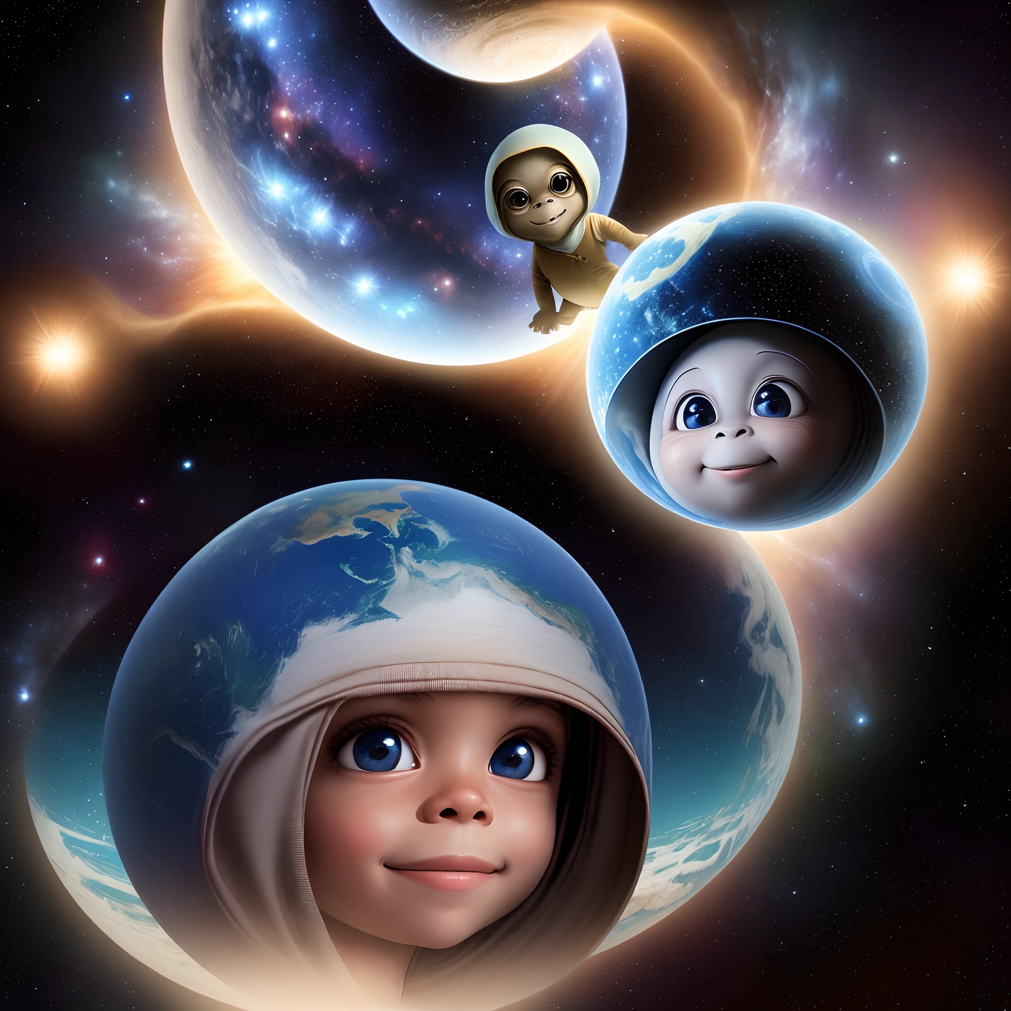 E.t desenho, corpo inteiro, sorrindo, azul, aspecto amigavel, looking-into-camera, fundo da imagem com planetas, estrelas e naves espaciais