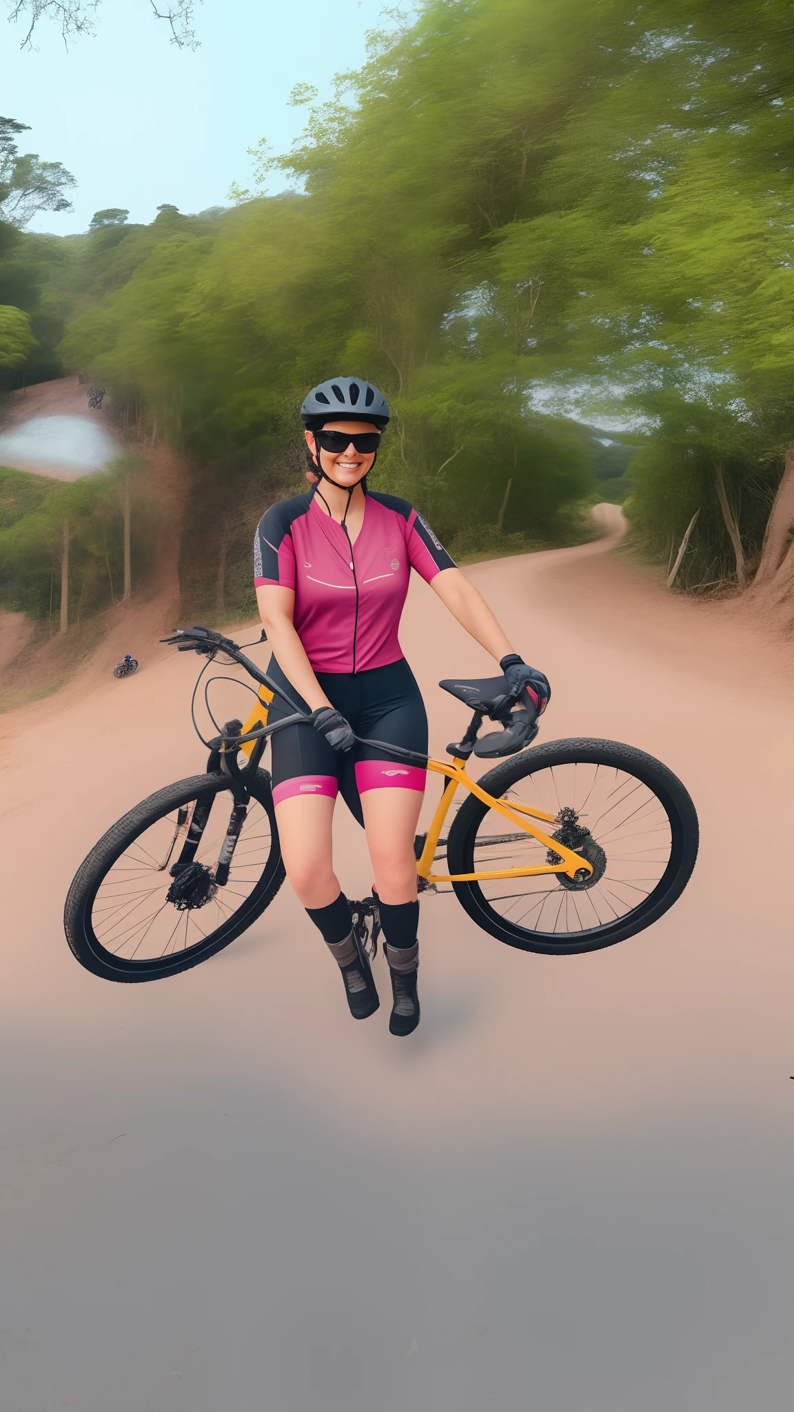 Mulher sentada em uma bicicleta em uma estrada de terra, imagem de uma motociclista feminina, ciclismo!!, tiro frontal completo, tiro de comprimento total, horseback riding, whole body view, imagem de perfil, Alma piedosa, Motivacional, Colocados, motociclista, Directed by: Joe Bowler, against the backdrop of trees, tiro de comprimento de corpo inteiro, Caroline Gariba, Directed by: Lisa Milroy