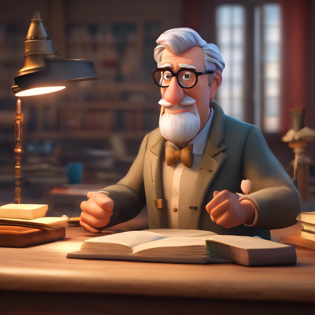 Crie um cartaz inspirado na Disney Pixar com o personagem sendo o pastor Rubens Janier, A gray-haired man wearing glasses, in an office with a Bible on the table