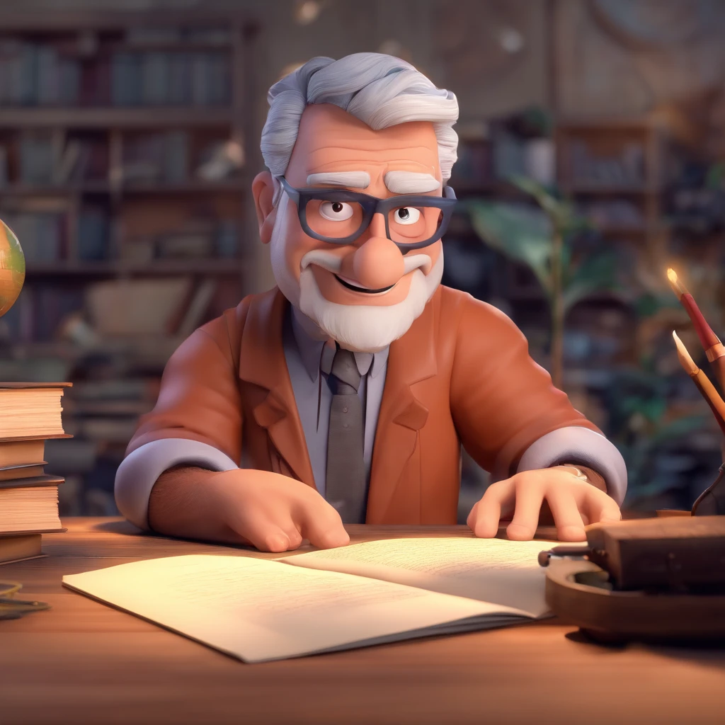 Crie um cartaz inspirado na Disney Pixar com o personagem sendo o pastor Rubens Janier, A gray-haired man wearing glasses, in an office with a Bible on the table