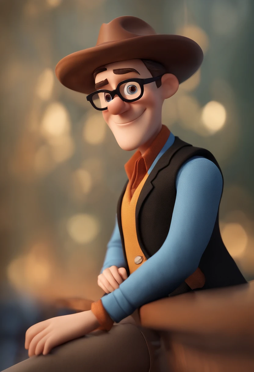 Cartoon character of a man wearing black glasses and a blue shirt, um personagem animado, Caractere estilizado, animation style rendering, 3D estilizado, Arnold Maya render, 3 d render stylized, toon render keyshot, Personagem 3D, Personagem 3D, 3d rendering stylized, 3 d character render, personagem de desenho animado, Personagem de close up, Pose de personagem, (Estilo Pixar) (master part:1.2) (Bokeh) (best quality) (pele detalhada) (textura detalhada) (8k) (argila) (Cinematic lighting) (foco nítido,Senta e vaza a parte superior do corpo