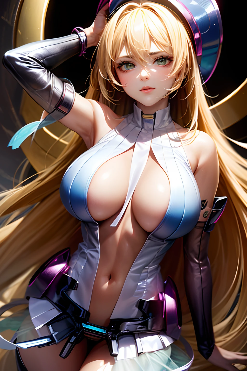(Obra maestra:1.2), (La mejor calidad:1.2), Perfect lighting, Chica Maga Oscura lanzando un hechizo, flotando en el aire, tetas grandes, escote, fondo de magia. Corazones transparente en el hambiente, blue robe, sombrero grande, desde arriba, Destellos, Yugioh Card en el fondo. Pose sejustiva y sexy. Timida hot