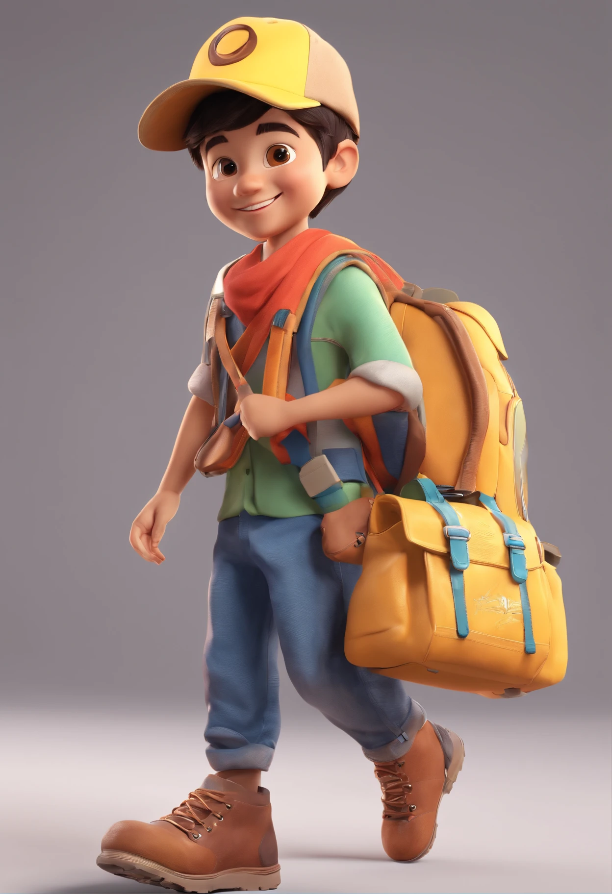 Illustration of a boy,Full body photo,Asian littlehe smile is bright,Carrying a school bag,Friends in the field,happy grin,Draw in 3D art style, C4D, with a pure white background, Disney style, Pixar style render illustrations in super detail, 8K