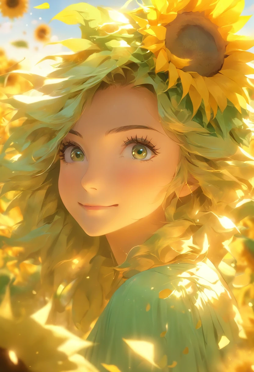 (best quality,highres,masterpiece:1.2),ultra-detailed,portrait,beautiful sunflower girl,gorgeous sunflower petal dress,vibrant sunflower fields,sunflower crown,delicate sunflower patterns,soft natural lighting,golden color palette,youthful and radiant,lush green background,subtle warm breeze,artistic rendering,sun-kissed skin,expressive and detailed facial features,gentle smile,vibrant yellow and green hues,bokeh effect,meticulous attention to detail,realistic depiction of sunflower petals,stylistic interpretation of the sunflower girl.