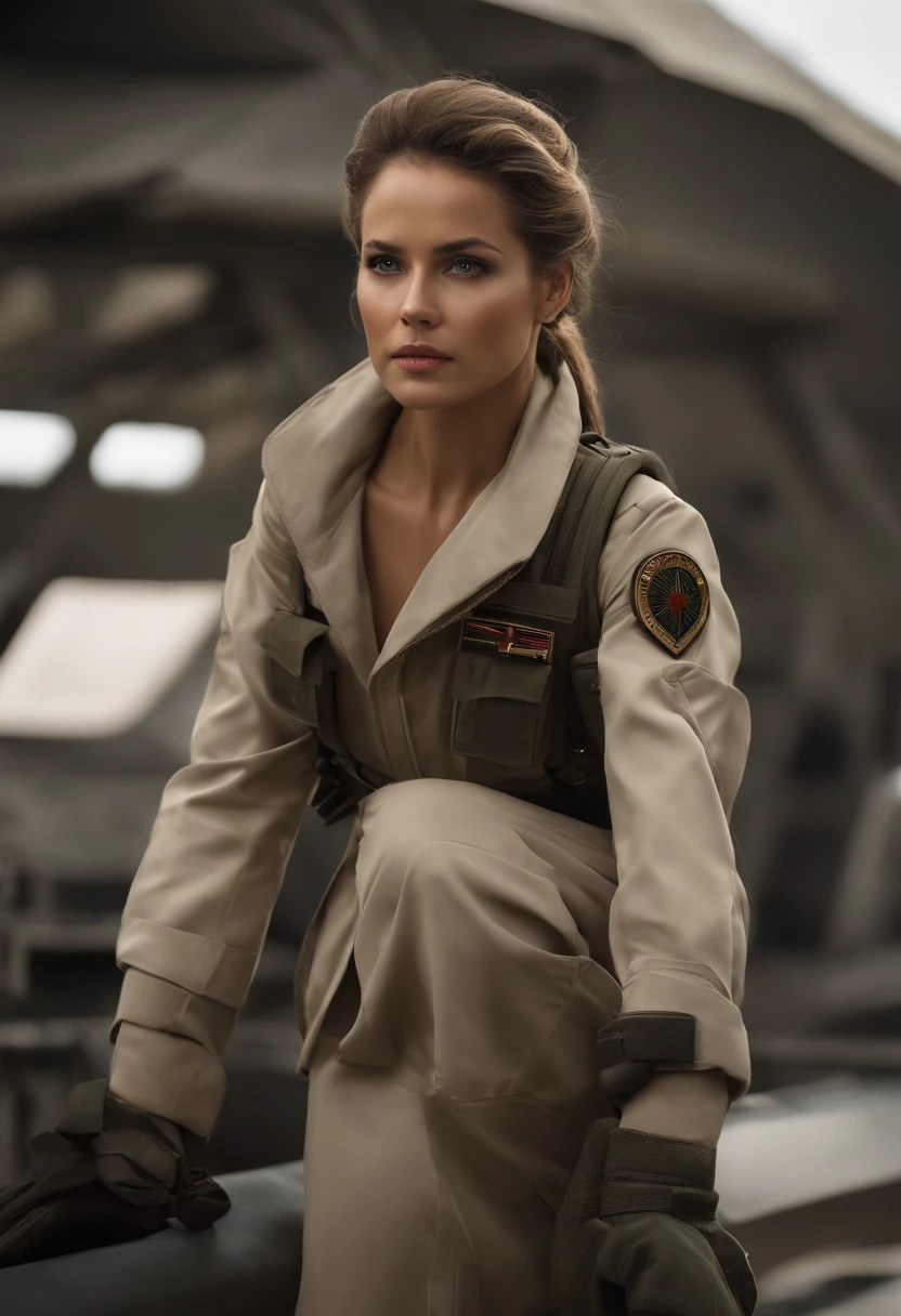 Imagem da capa do filme,como uma pessoa real,Vestido Educado,Imagem de capa do War War Fighter Action),(Movie Reference Foundation : 1.8 ),Realistic,White Air Force General Uniform,(Realistic face resolution),Cinematic poses,adulto,magro,pequeno,1 Mulher com cabelo loiro escuro,serious face,science fiction,scientific fiction,personagens diferentes