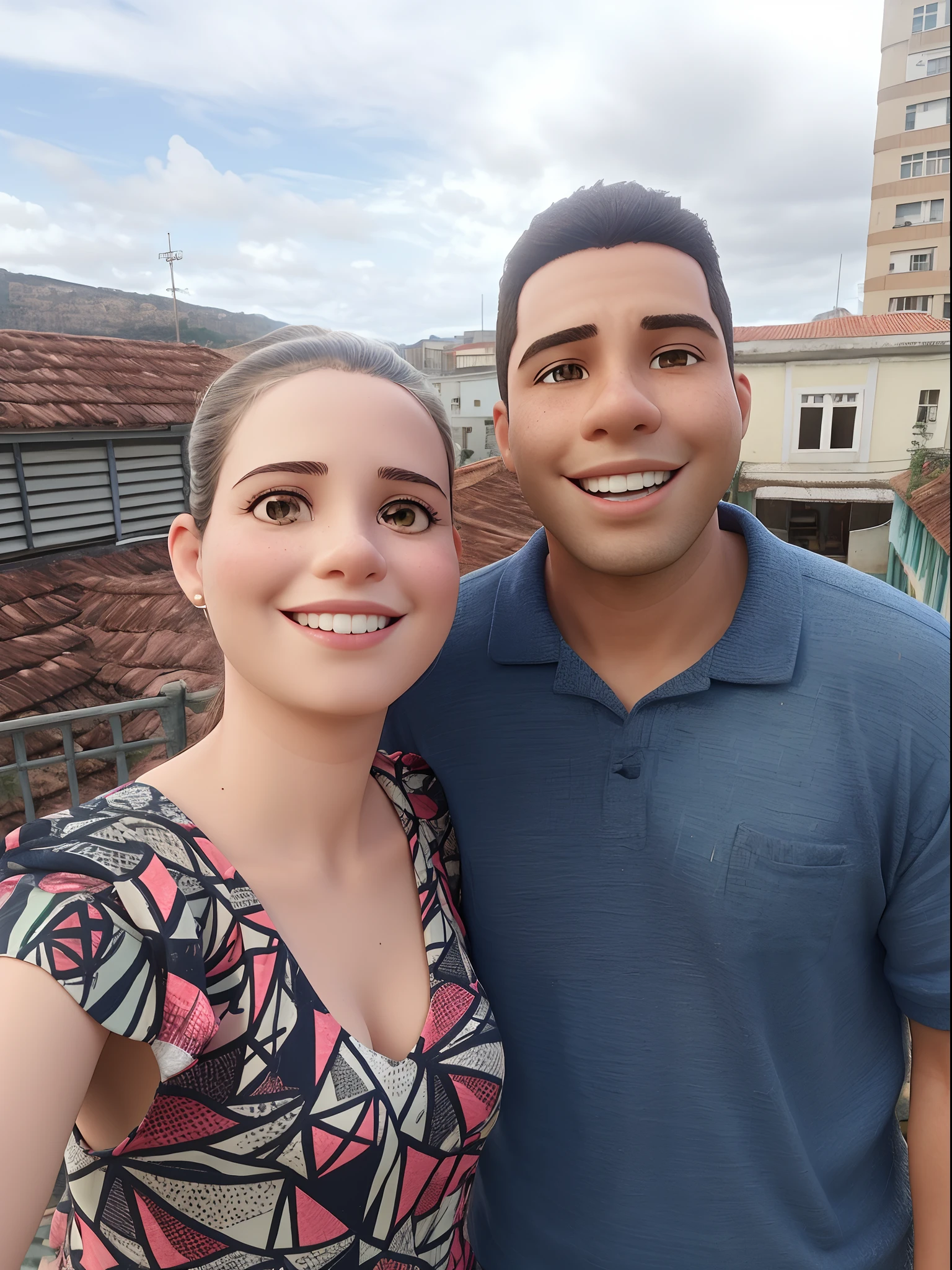 Casal de namorados sorrindo. A mulher usa oculos e tem cabelos cacheados