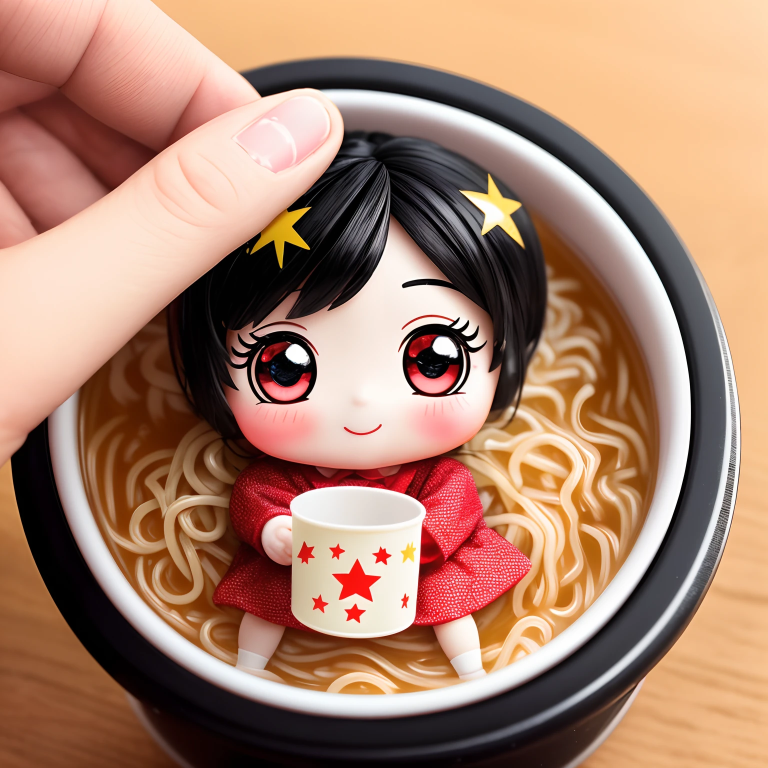A small doll is placed on the lid of the cup ramen、A smile、Chibi Doll、Stars in the eyes（kirakira）、Eye Up、Long Black Hair、Laugh、Cute red shoes、Ultra Detail, radiant light、bio luminescent、Taken from the side、Stronger bokeh effect