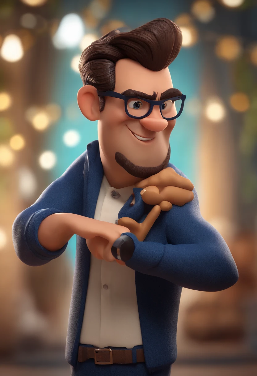 Cartoon character of a man with black glasses, cabelo cacheado marrom escuro e uma camisa azul, animation character, Caractere estilizado, animation style rendering, 3D estilizado, Arnold Maya render, 3 d render stylized, toon render keyshot, Personagem 3D, Personagem 3D, 3d rendering stylized, 3 d character render, personagem de desenho animado, Personagem de close up, Pose de personagem,  (Estilo Pixar) (master part:1.2) (Bokeh) (best quality) (pele detalhada) (textura detalhada) (8k) (argila) (Cinematic lighting) (foco nítido