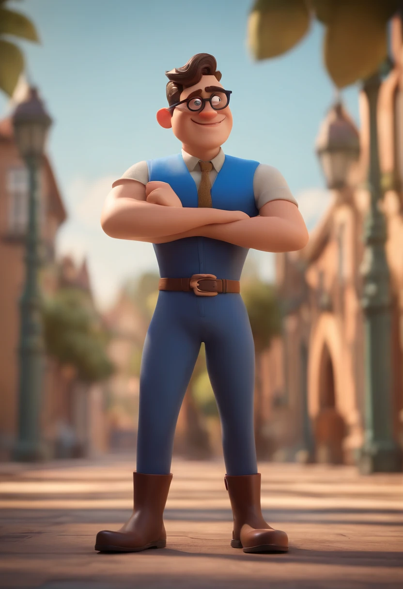 Cartoon character of a man with black glasses, cabelo cacheado marrom escuro e uma camisa azul, animation character, Caractere estilizado, animation style rendering, 3D estilizado, Arnold Maya render, 3 d render stylized, toon render keyshot, Personagem 3D, Personagem 3D, 3d rendering stylized, 3 d character render, personagem de desenho animado, Personagem de close up, Pose de personagem,  (Estilo Pixar) (master part:1.2) (Bokeh) (best quality) (pele detalhada) (textura detalhada) (8k) (argila) (Cinematic lighting) (foco nítido