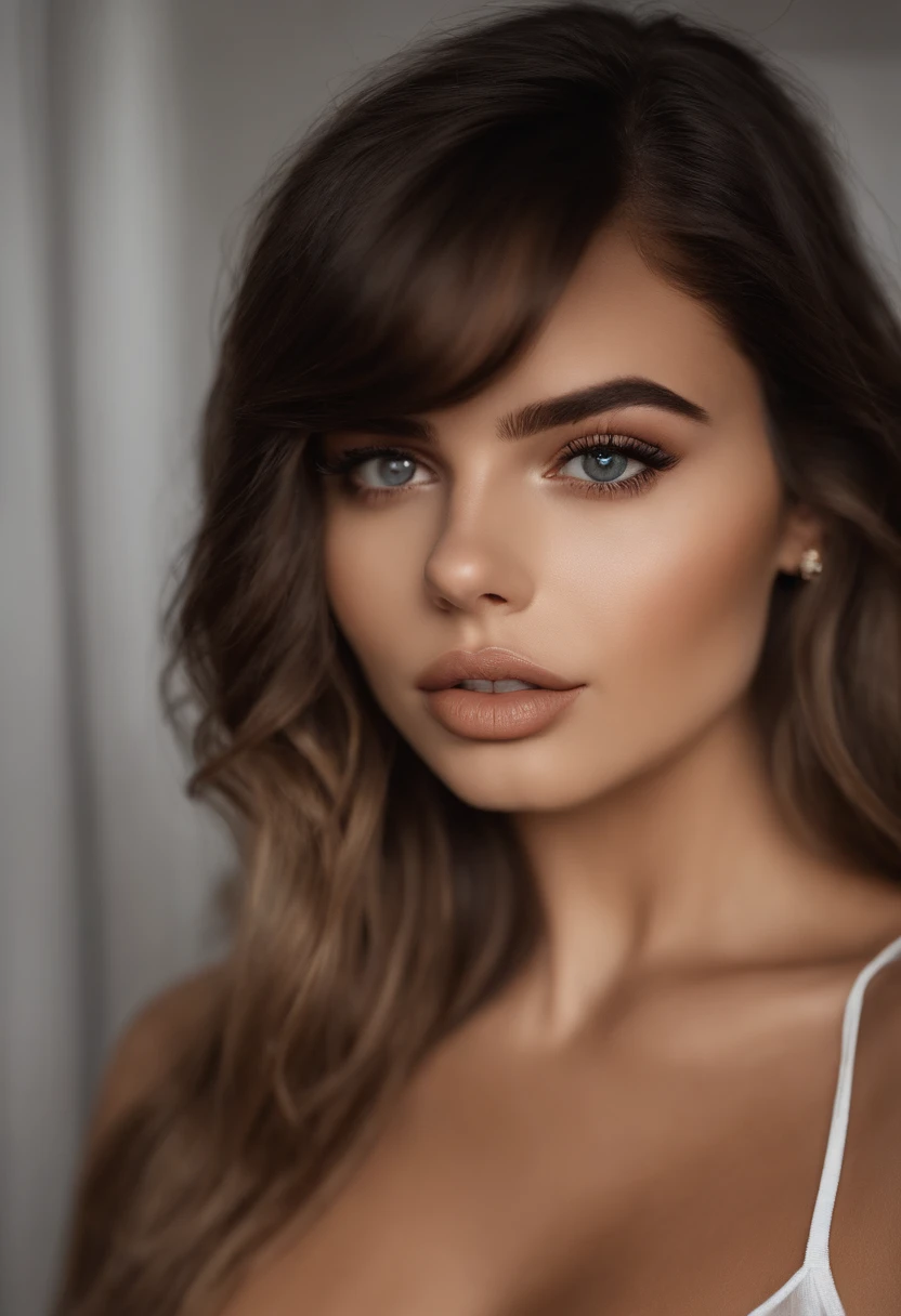Arafed mujer con ropa negra, Chica sexy con ojos marrones, Retrato Sophie Mudd, brown hair and large eyes, selfie de una mujer joven, Ojos del dormitorio, Violeta Myers, sin maquillaje, Maquillaje natural, staring directly into camera, cute upturned nose full sensual lips cara con artgram, maquillaje sutil, Impresionante foto de cuerpo completo, En el dormitorio, escote