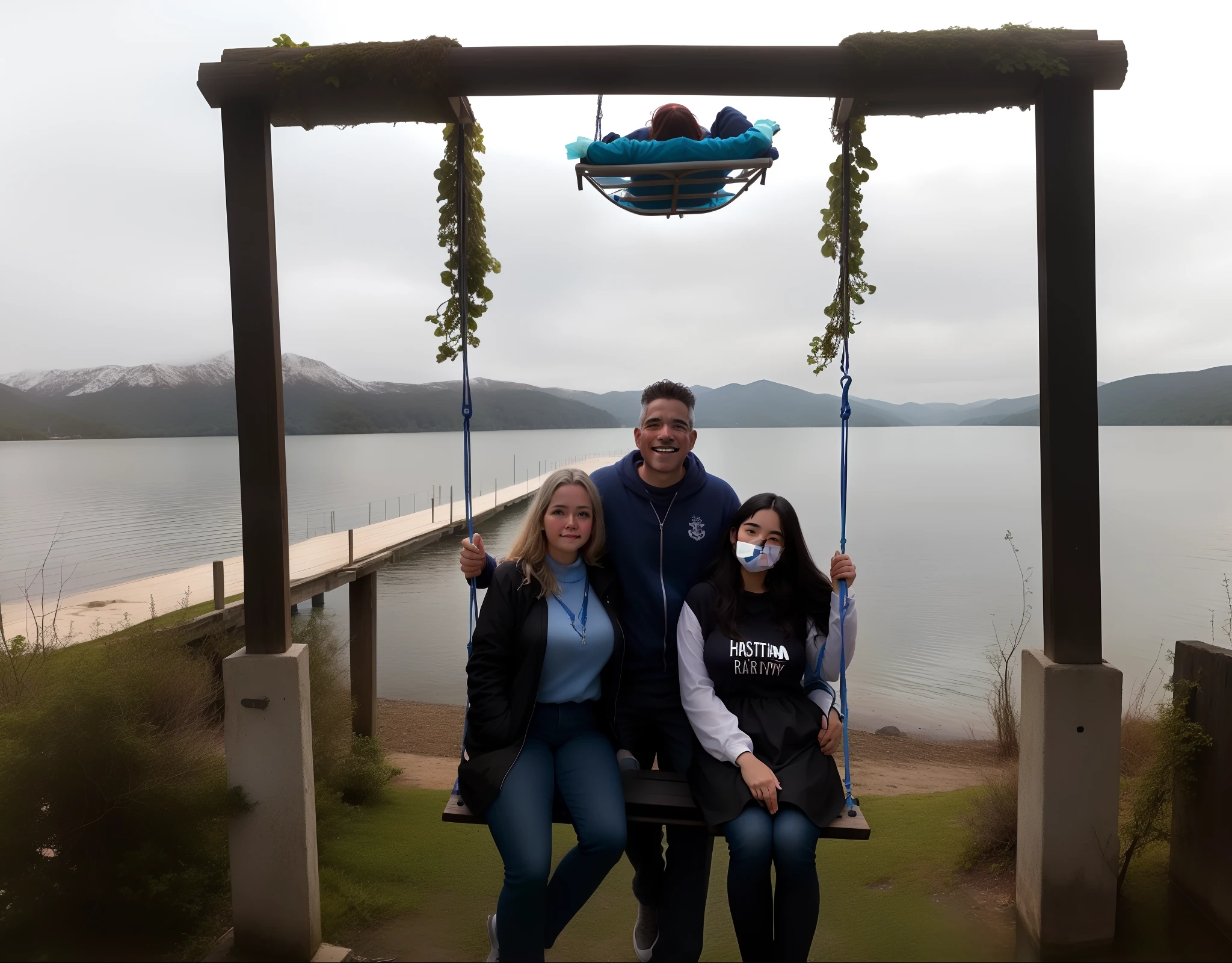 There are three people sitting on a swing at the water's edge, Lago ao fundo, conectado com ponte suspensa!!, vacation photo, Divirta-se, divertindo-se, em um lago, sentado em frente a um lago, Casa do Lago, ponte suspensa!!, lake configuration, with anchor man and woman, foto assustadora, parcialmente afundado! no lago!, Family photo