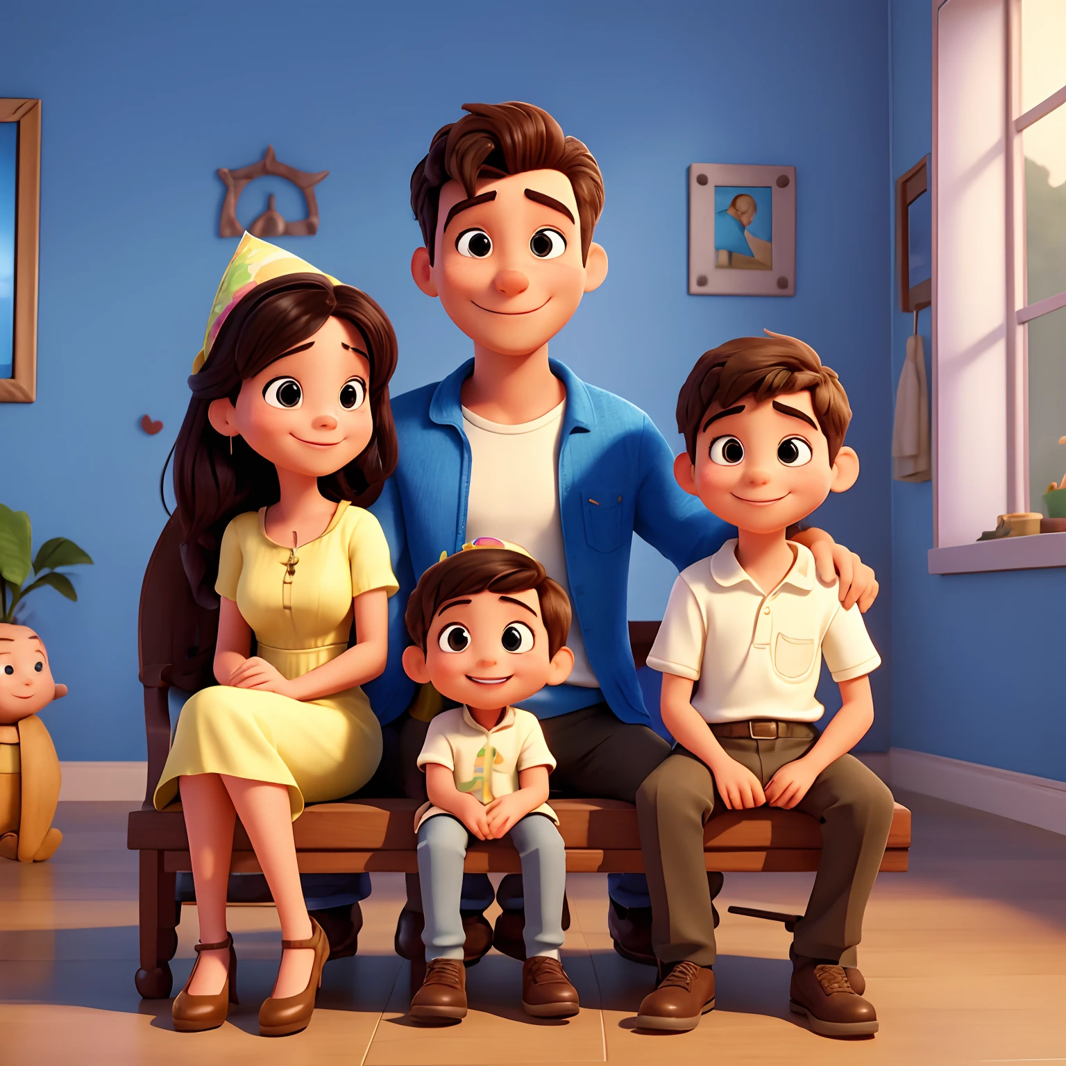 Create a Disney-Pixar 3D effect photo of a family of four, incluindo um homem, uma mulher, e dois meninos, everyone smiling for the camera. The woman is positioned next to the man, And the two boys are sitting in their bonds.
The man has a medium build, with a cheerful expression and genuine smile. The woman is of medium height and has a charming smile. The boy sitting next to her is small in stature and has a bright smile. O outro menino, Who's sitting on the noose of the man, He is of medium height and has a contagious smile.
The family seems to be at a festive event, como um rodeio, With woman and boys wearing party hats. The image captures a moment of happiness and bonding between family members.