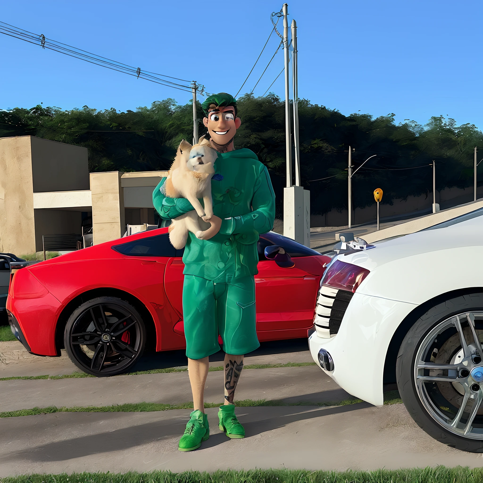 homem branco com tatuagem na perna sorrindo, segurando cachorro branco, estilo pixar, alta qualidade, melhor qualidade