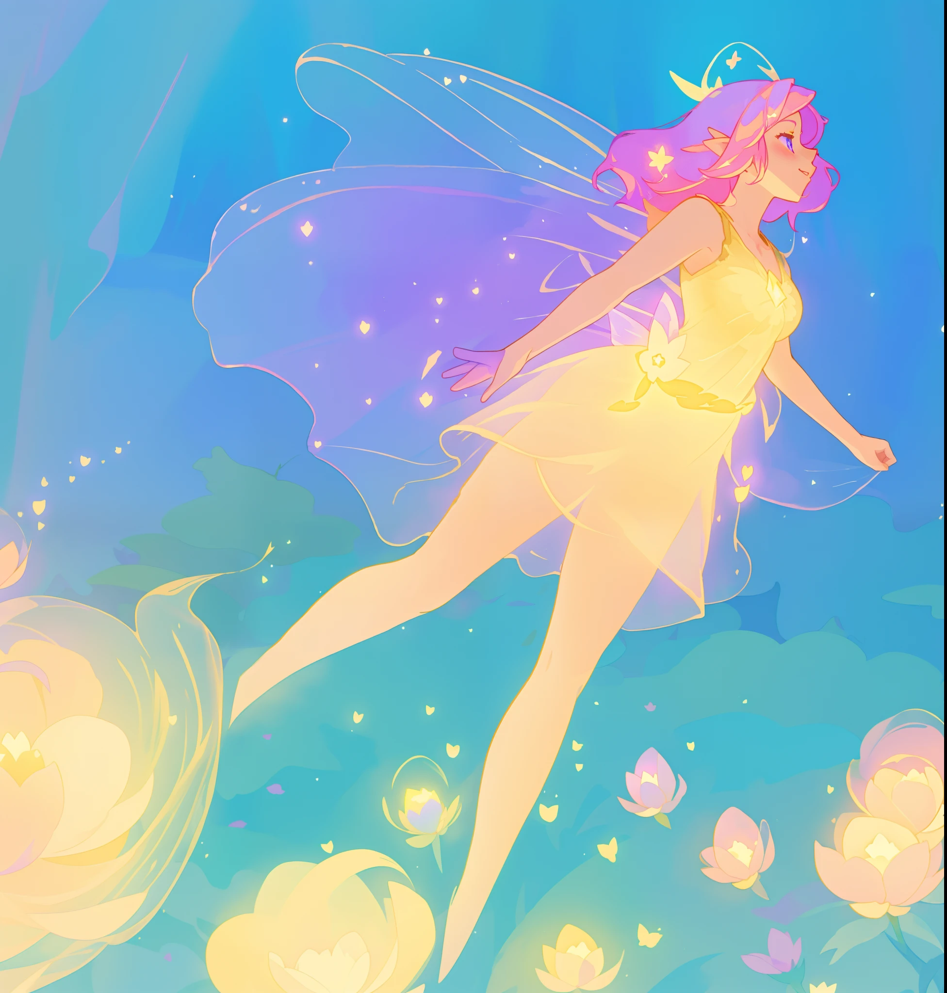 beautiful fairy girl in golden long flowing dress, fairy dress, (huge sparkling purple pink fairy wings), fairy queen, ((magical colorful otherworldly landscape)), ((gold fairy flowers)), glowing balls of light, flowers made of light, meadow filled with glowing golden flowers, (glowing fairy wings), glowing flowing ballgown, long pink hair, sparkling fairy wings, watercolor illustration, flowers and colorful plants, disney art style, glowing aura around her, glowing lights, beautiful digital illustration, fantasia otherworldly landscape plants flowers, beautiful, masterpiece, best quality, anime disney style