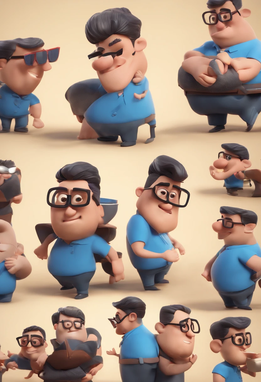 Cartoon character of a man wearing black glasses and a blue shirt, um personagem animado, Caractere estilizado, animation style rendering, 3D estilizado, Arnold Maya render, 3 d render stylized, toon render keyshot, Personagem 3D, Personagem 3D, 3d rendering stylized, 3 d character render, personagem de desenho animado, Personagem de close up, Pose de personagem, (Estilo Pixar) (master part:1.2) (Bokeh) (best quality) (pele detalhada) (textura detalhada) (8k) (argila) (Cinematic lighting) (foco nítido，Senta e vaza a parte superior do corpo