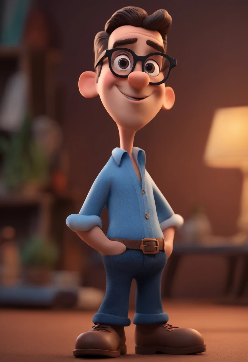 Cartoon character of a man with black glasses and a blue shirt, animation character, Caractere estilizado, animation style rendering, 3D estilizado, Arnold Maya render, 3 d render stylized, toon render keyshot, Personagem 3D, Personagem 3D, 3d rendering stylized, 3 d character render, personagem de desenho animado, Personagem de close up, Pose de personagem, (Estilo Pixar) (master part:1.2) (Bokeh) (best quality) (pele detalhada) (textura detalhada) (8k) (argila) (Cinematic lighting) (foco nítido