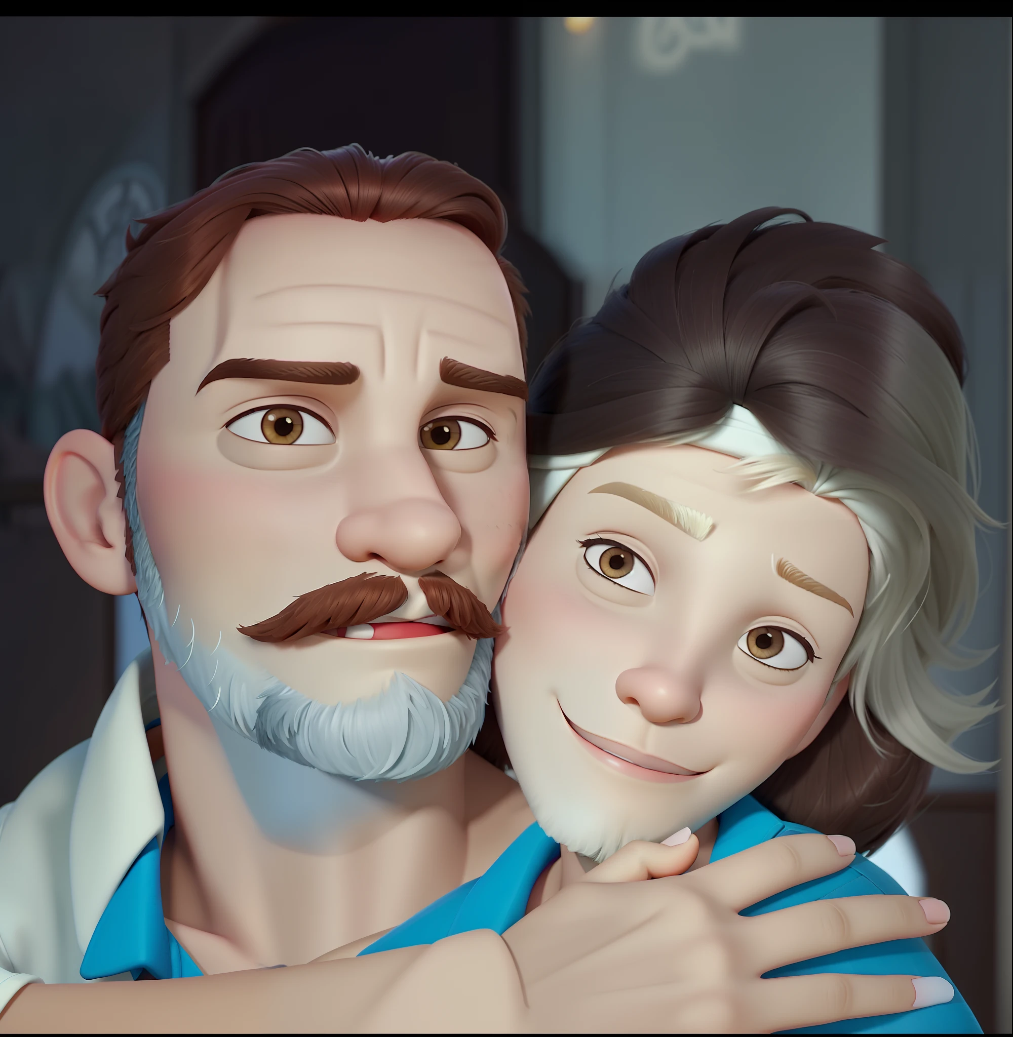 Casal (homem moreno com barba estilo cavanhaque e mulher branca) no estilo Disney Pixar, alta qualidade, melhor qualidade.