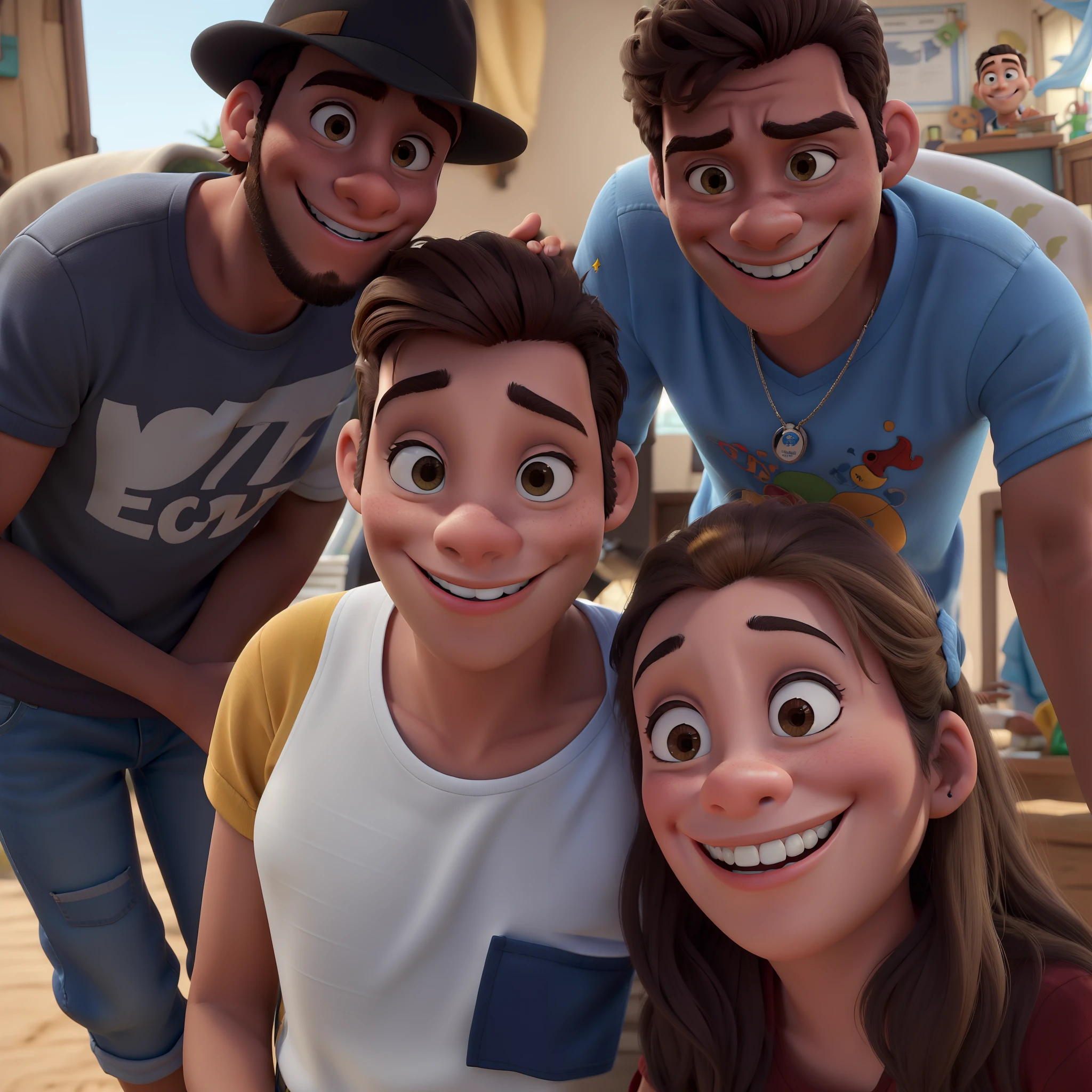 jovem chapeu, idoso camisa branca, jovem mulher loira sorrindo, homem corrente lindo, estilo disney pixar, alta qualidade, melhor qualidade