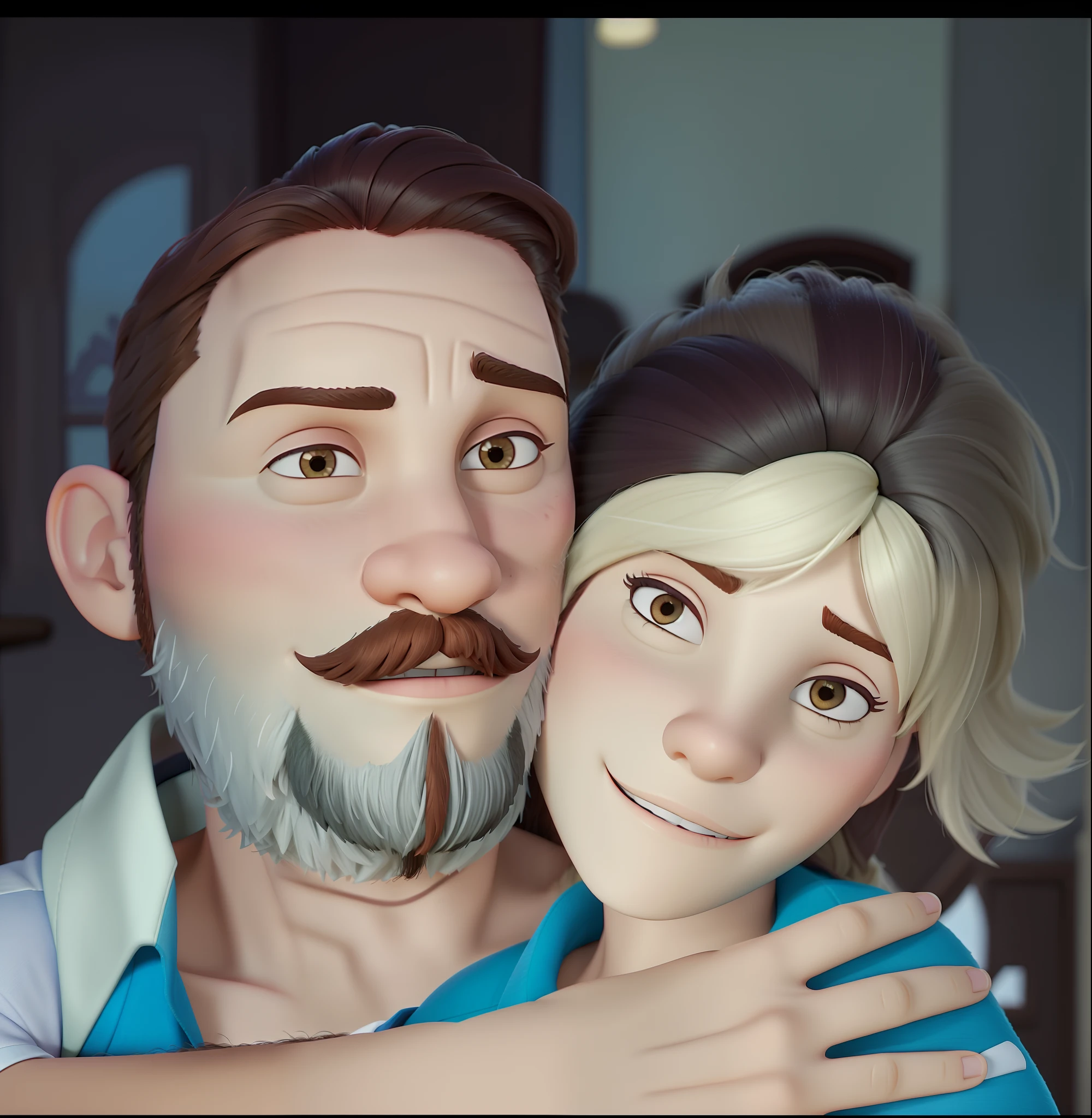 Casal (homem moreno com barba estilo cavanhaque e mulher branca) no estilo Disney Pixar, alta qualidade, melhor qualidade.