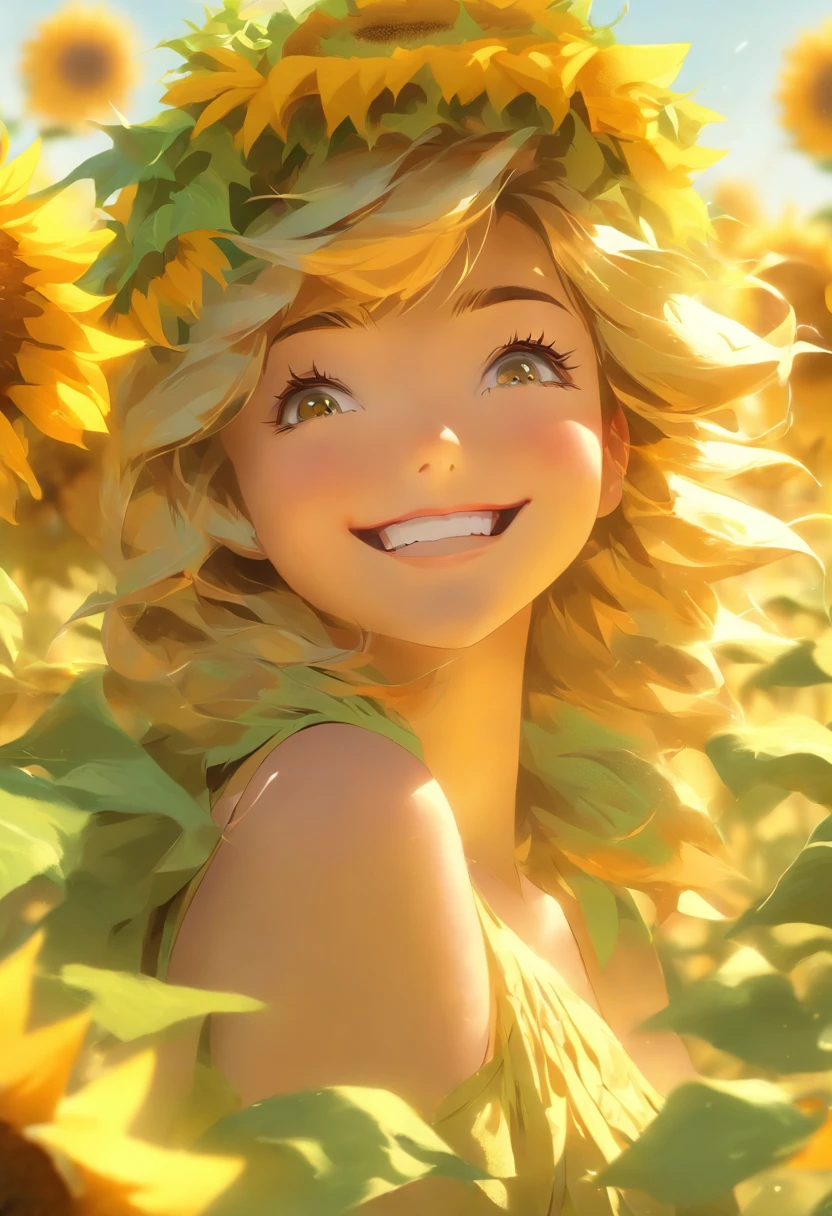 (best quality,highres,masterpiece:1.2),ultra-detailed,portrait,beautiful sunflower girl,gorgeous sunflower petal dress,vibrant sunflower fields,sunflower crown,delicate sunflower patterns,soft natural lighting,golden color palette,youthful and radiant,lush green background,subtle warm breeze,artistic rendering,sun-kissed skin,expressive and detailed facial features,gentle smile,vibrant yellow and green hues,bokeh effect,meticulous attention to detail,realistic depiction of sunflower petals,stylistic interpretation of the sunflower girl.