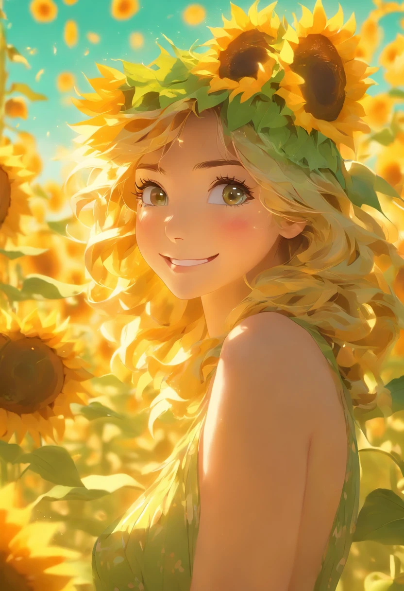 (best quality,highres,masterpiece:1.2),ultra-detailed,portrait,beautiful sunflower girl,gorgeous sunflower petal dress,vibrant sunflower fields,sunflower crown,delicate sunflower patterns,soft natural lighting,golden color palette,youthful and radiant,lush green background,subtle warm breeze,artistic rendering,sun-kissed skin,expressive and detailed facial features,gentle smile,vibrant yellow and green hues,bokeh effect,meticulous attention to detail,realistic depiction of sunflower petals,stylistic interpretation of the sunflower girl.
