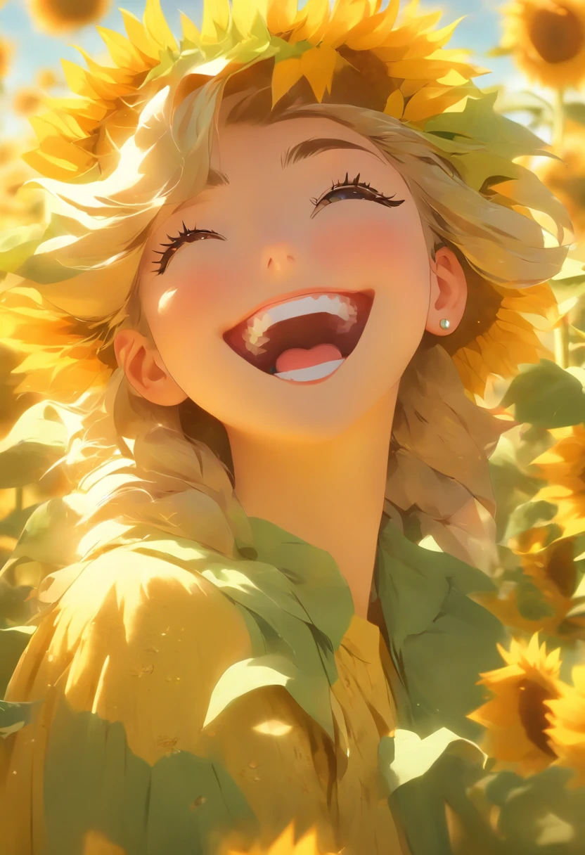 (best quality,highres,masterpiece:1.2),ultra-detailed,portrait,beautiful sunflower girl,gorgeous sunflower petal dress,vibrant sunflower fields,sunflower crown,delicate sunflower patterns,soft natural lighting,golden color palette,youthful and radiant,lush green background,subtle warm breeze,artistic rendering,sun-kissed skin,expressive and detailed facial features,gentle smile,vibrant yellow and green hues,bokeh effect,meticulous attention to detail,realistic depiction of sunflower petals,stylistic interpretation of the sunflower girl.