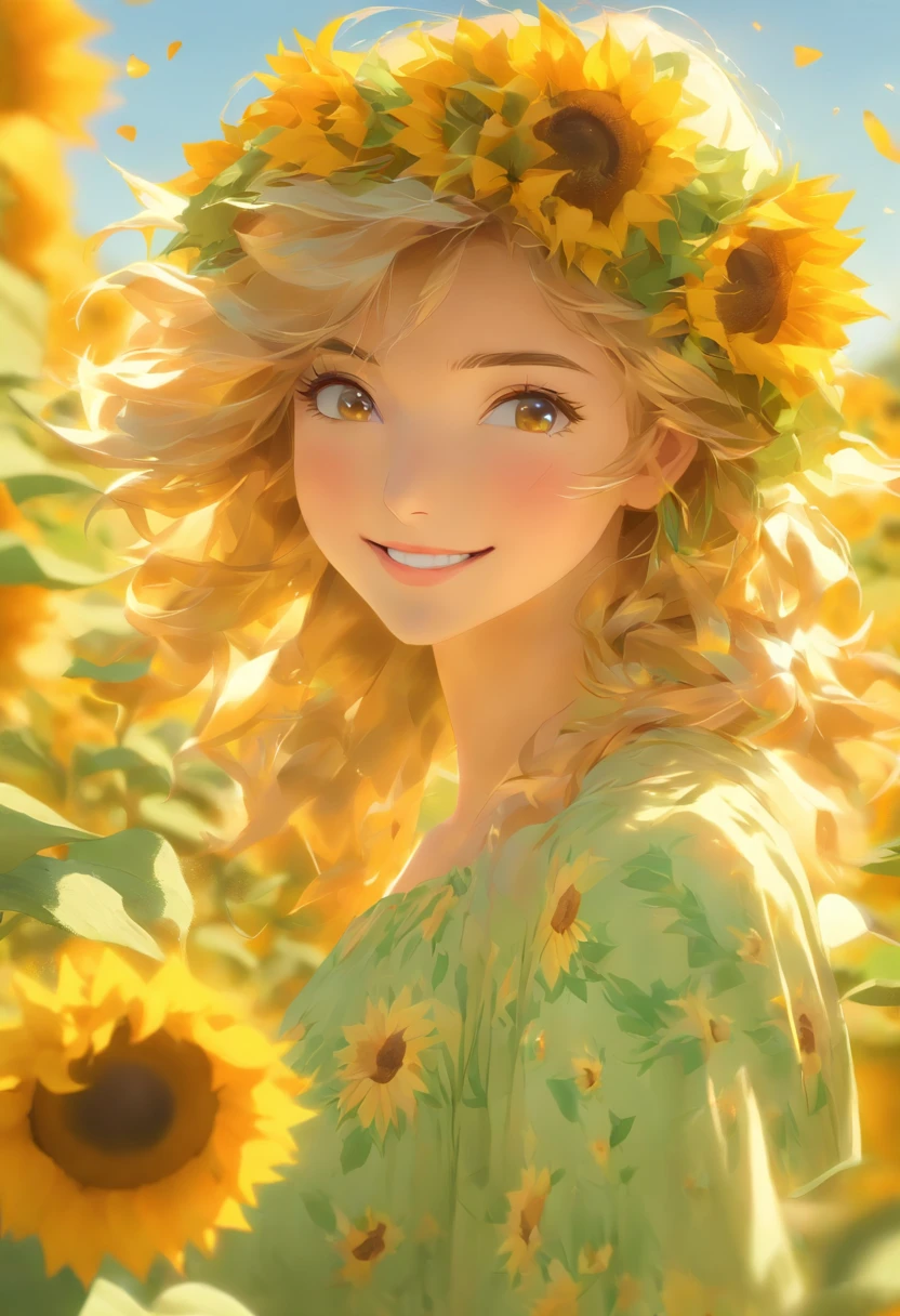 (best quality,highres,masterpiece:1.2),ultra-detailed,portrait,beautiful sunflower girl,gorgeous sunflower petal dress,vibrant sunflower fields,sunflower crown,delicate sunflower patterns,soft natural lighting,golden color palette,youthful and radiant,lush green background,subtle warm breeze,artistic rendering,sun-kissed skin,expressive and detailed facial features,gentle smile,vibrant yellow and green hues,bokeh effect,meticulous attention to detail,realistic depiction of sunflower petals,stylistic interpretation of the sunflower girl.