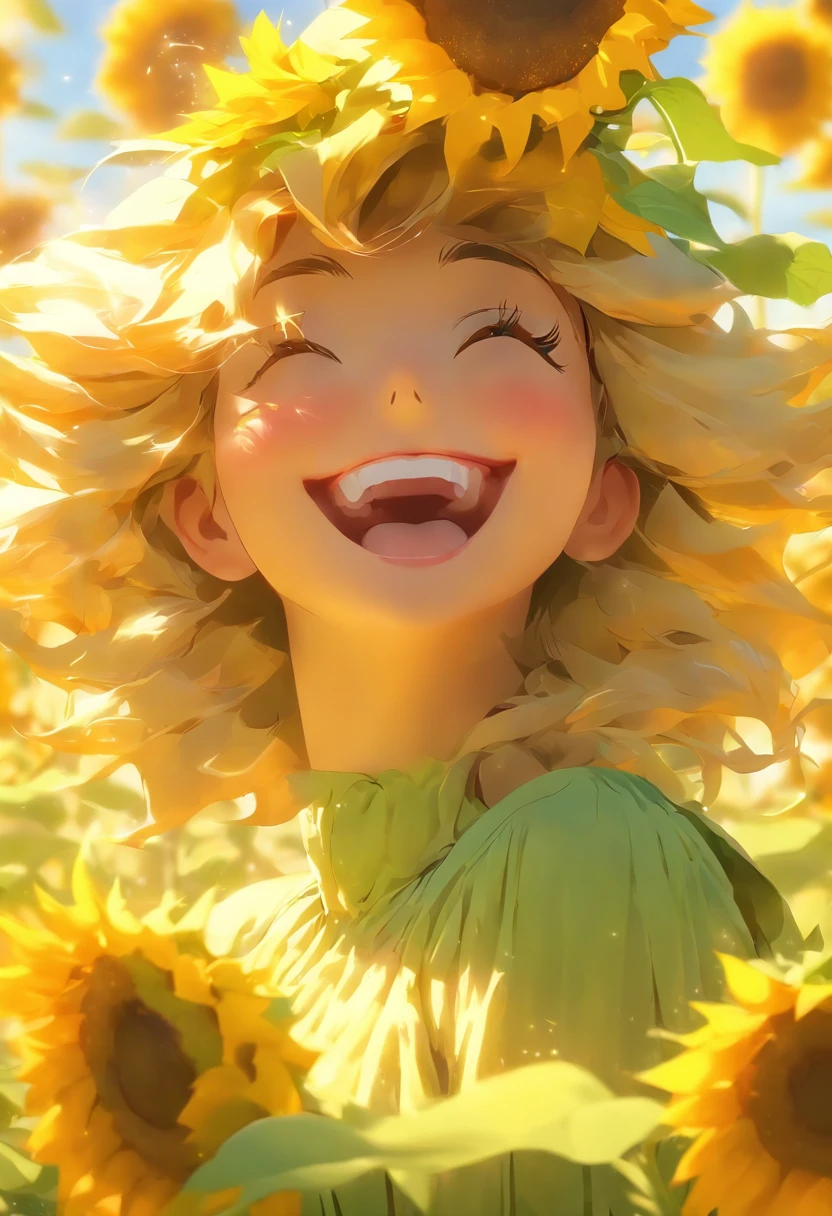 (best quality,highres,masterpiece:1.2),ultra-detailed,portrait,beautiful sunflower girl,gorgeous sunflower petal dress,vibrant sunflower fields,sunflower crown,delicate sunflower patterns,soft natural lighting,golden color palette,youthful and radiant,lush green background,subtle warm breeze,artistic rendering,sun-kissed skin,expressive and detailed facial features,gentle smile,vibrant yellow and green hues,bokeh effect,meticulous attention to detail,realistic depiction of sunflower petals,stylistic interpretation of the sunflower girl.