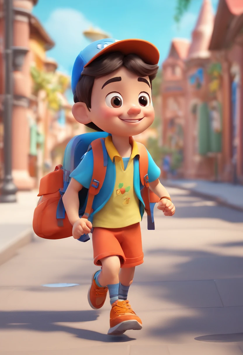 Illustration of a **********，Full body photo，Asian **********，The smile is bright，Carrying 1 school bag，Field outings，happy grin，big laughter，Lively running，Blue hat，Blue backpack，Draw in 3D art style, C4D, with a pure white background, Disney  style, Pixar style render illustrations in super detail, 8K