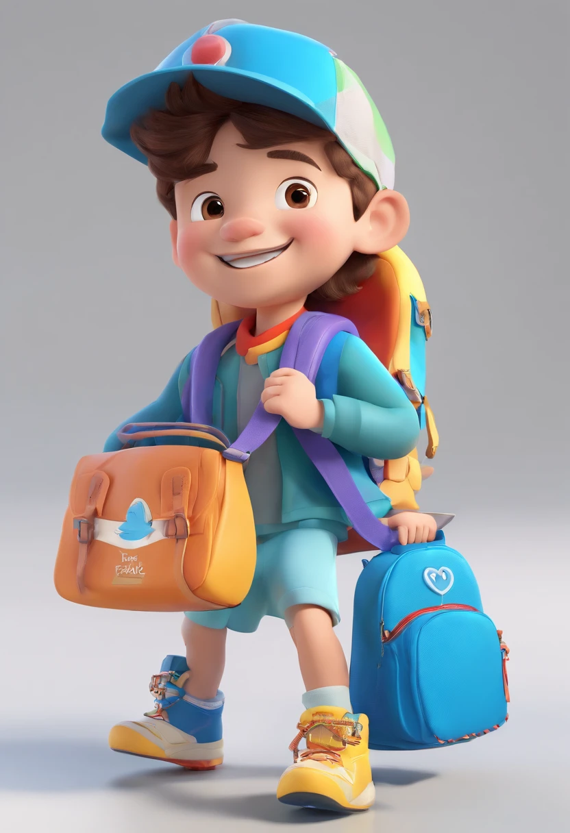 Illustration of a boy,Full body photo,Asian littlehe smile is bright,Carrying 1 school bag,Field outings,happy grin,big laughter,Lively running,Blue hat,Blue backpack,Draw in 3D art style, C4D, with a pure white background, Disney style, Pixar style render illustrations in super detail, 8K