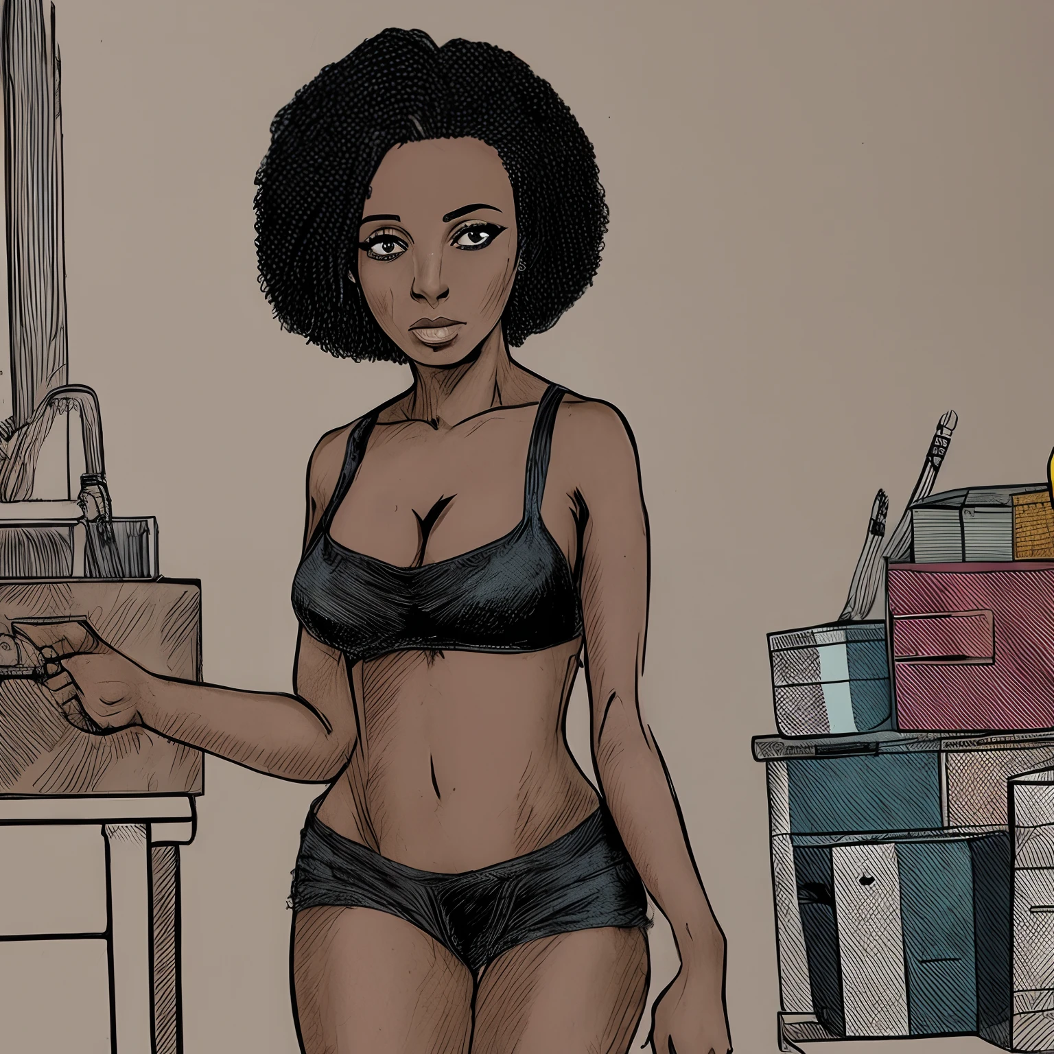 Mulher negra; cabelo curto cacheado ; maquina de costura