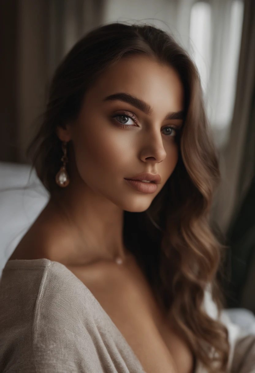 Arafed mujer con ropa negra, Chica sexy con ojos marrones, Retrato Sophie Mudd, brown hair and large eyes, selfie de una mujer joven, Ojos del dormitorio, Violeta Myers, sin maquillaje, Maquillaje natural, staring directly into camera, cute upturned nose full sensual lips cara con artgram, maquillaje sutil, Impresionante foto de cuerpo completo, En el dormitorio, escote