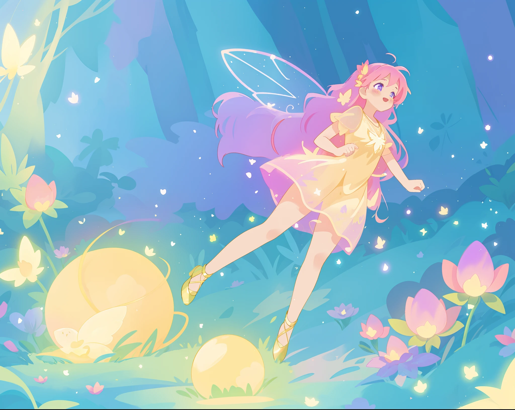 beautiful fairy girl in golden flowing dress, fairy dress, (huge sparkling purple pink fairy wings), fairy queen, ((magical colorful otherworldly landscape)), ((gold fairy flowers)), glowing balls of light, flowers made of light, meadow filled with glowing golden flowers, (glowing fairy wings), glowing flowing ballgown, long pink hair, sparkling fairy wings, watercolor illustration, flowers and colorful plants, disney art style, glowing aura around her, glowing lights, beautiful digital illustration, fantasia otherworldly landscape plants flowers, beautiful, masterpiece, best quality, anime disney style