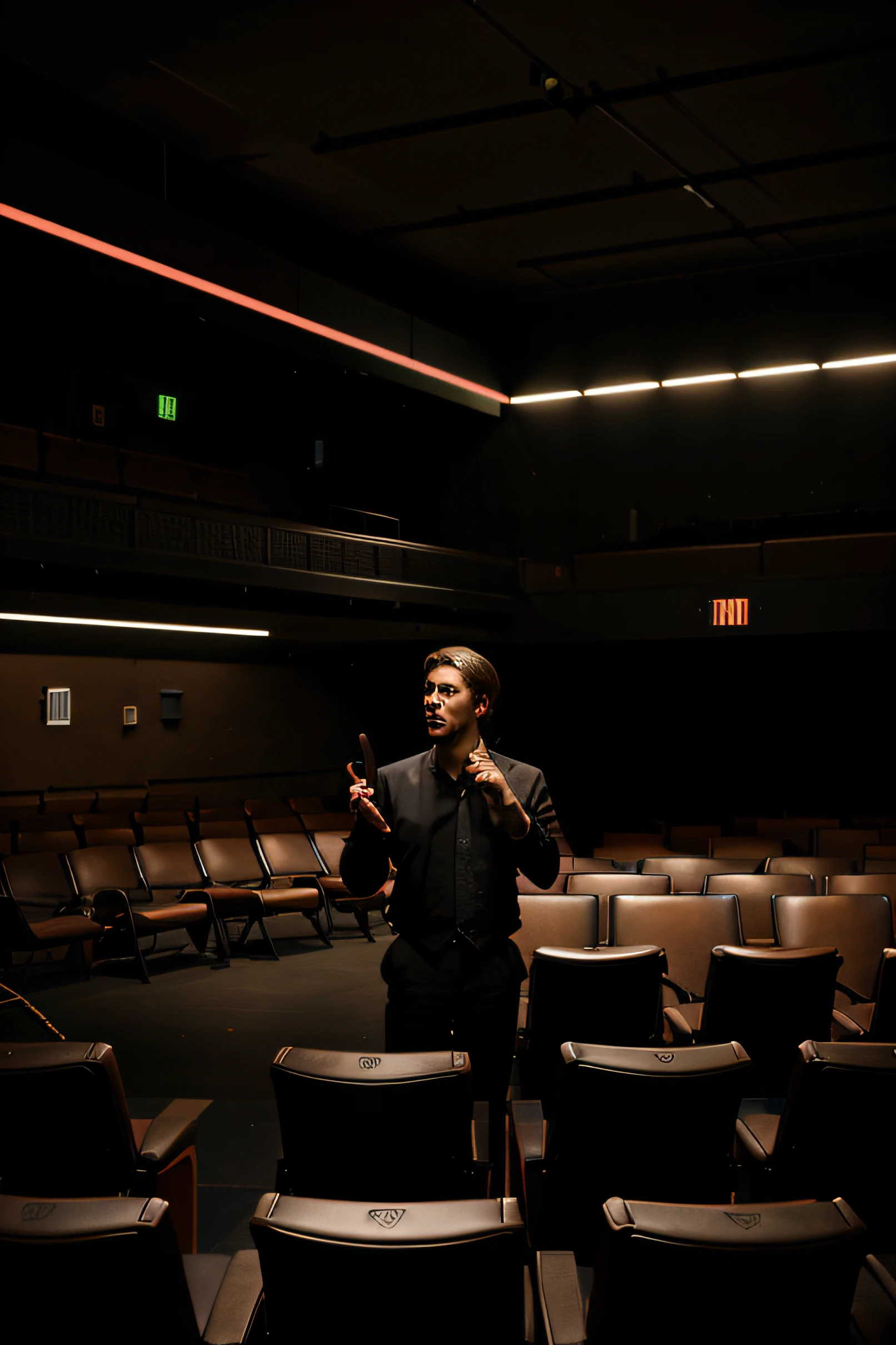 Neon style photograph using black and terracotta colors showing a man lecturing to several empty chairs in the middle of a dark auditorium.