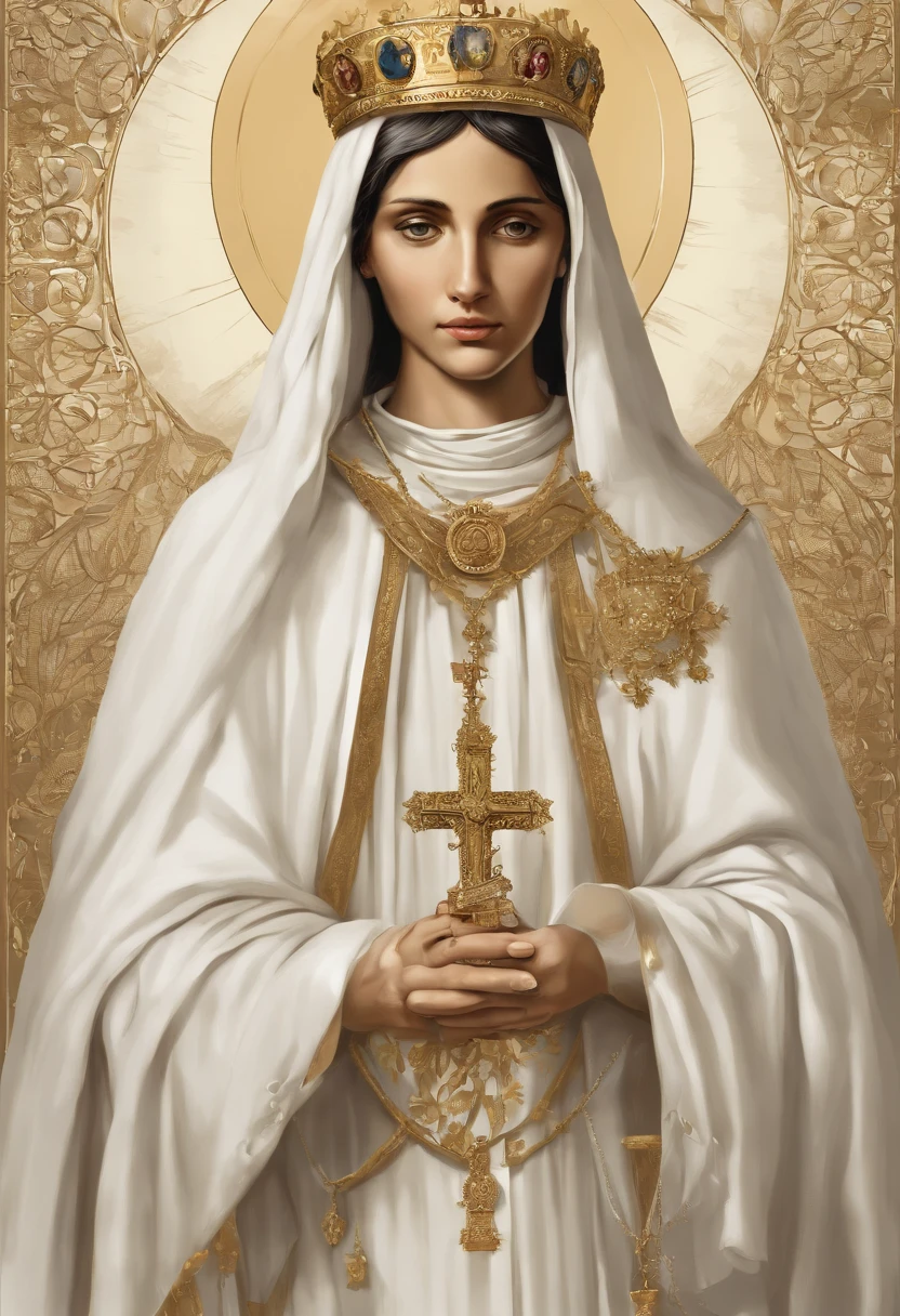 no fundo branco, the image of Our Lady of Fatima. She has a serene face and her eyes are closed and express calm and pity. She has a long white veil that falls over her shoulders. Ela usa um manto branco que cobre todo o corpo (except the hands and feet) com detalhes dourados nas bordas (no colarinho e na cintura). Ela usa um colar com uma medalha milagrosa. She wears a gold Marian crown on her head (que tem uma cruz no topo). She holds a rosary in her right hand (que tem contas brancas e uma cruz dourada). The rosary is wrapped around the index finger and thumb. She is in a position of prayer. Her feet are bare in a white novem. The cloud is on top of a small bush-like tree. A imagem deve ser simples e com um fundo branco. The image should be distinctly Catholic in style.