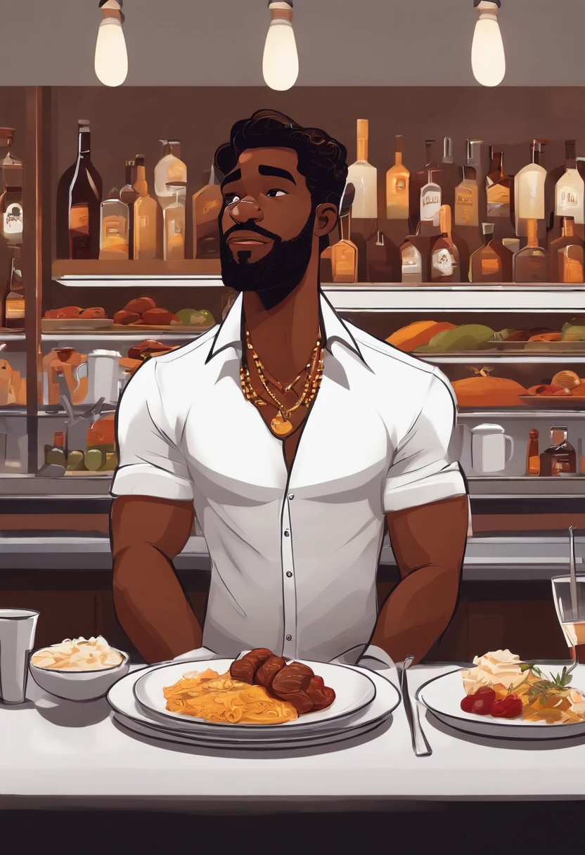 Homem com pele parda cabelos pretos sorrindo segurando uma bebida usando camisa social branca de fundo um restaurante somente ele na imagem estilo pixar