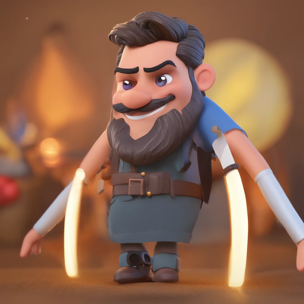 Criar um personagem no estilo Pixar. Trata-se de um homem de 28 anos, com barba, sorridente Moreno, com cabelos pretos curtos, e olhos castanhos claro. He's wearing a shiny silver cord, Trabalhar como designer
