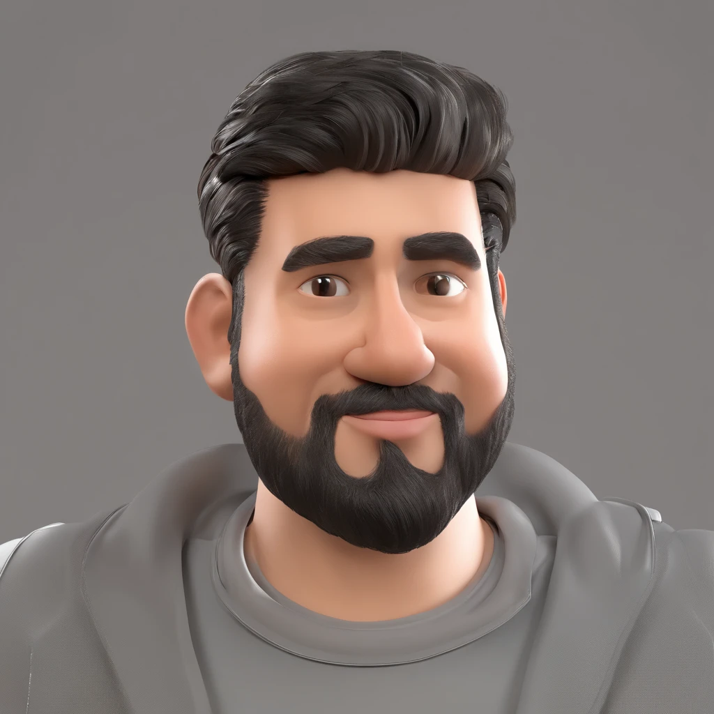 Criar um personagem no estilo Pixar. Trata-se de um homem de 28 anos, com barba, sorridente Moreno, com cabelos pretos curtos, e olhos castanhos claro. He's wearing a shiny silver cord, Trabalhar como designer