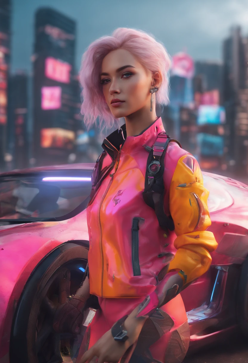 High-angle photo of a beautiful young woman in cyberpunk style, textura de pele realista, procura para cima,moletom rosa,posando em um carro, 1 / 2 Colheita corporal, 8 lentes de arte de 5 mm, f 1. 2, foco nítido, 8 k high definition, insanamente detalhado, intrincado, elegante, Arte de Stanley Lau e Cyberpunk