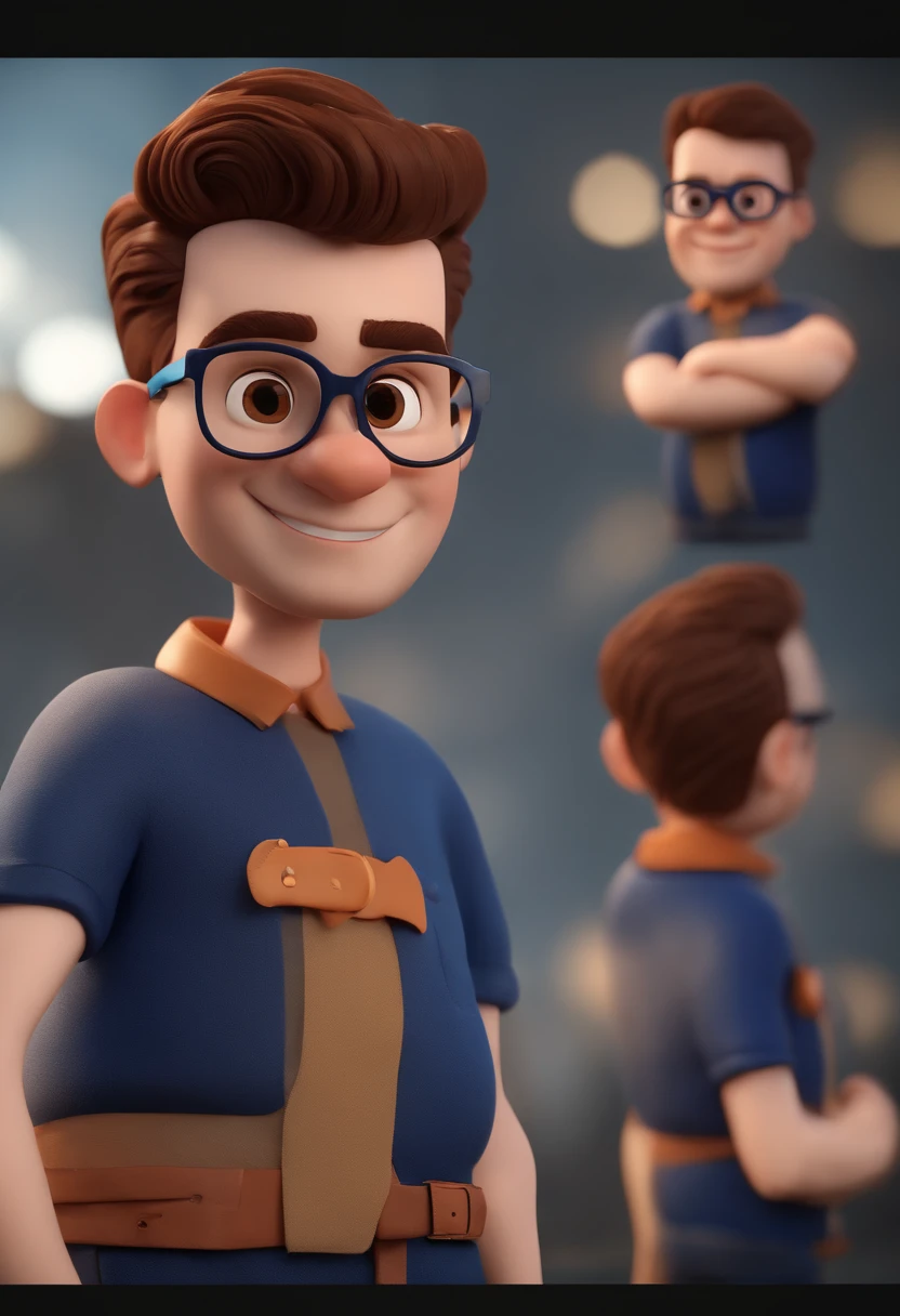 Cartoon character of a man with black glasses and a blue shirt, animation character, Caractere estilizado, animation style rendering, 3D estilizado, Arnold Maya render, 3 d render stylized, toon render keyshot, Personagem 3D, Personagem 3D, 3d rendering stylized, 3 d character render, personagem de desenho animado, Personagem de close up, Pose de personagem, (Estilo Pixar) (master part:1.2) (Bokeh) (best quality) (pele detalhada) (textura detalhada) (8k) (argila) (Cinematic lighting) (foco nítido