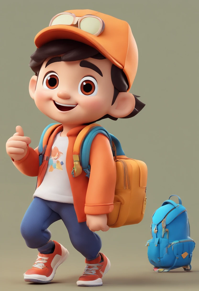 Illustration of a little boy,Full body photo,Asian little boy,The smile is bright,Carrying 1 school bag,Field outings,happy grin,big laughter,Lively running,Blue hat,Blue backpack,Draw in 3D art style, C4D, with a pure white background, Disney style, Pixar style render illustrations in super detail, 8K